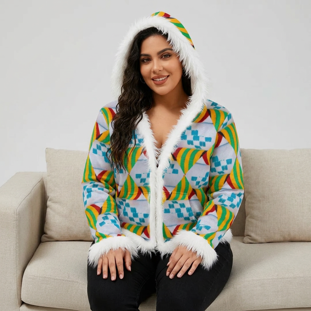 Women's African Kente Psychedelic Geometric Pattern Design A O P Faux Fur Trim Hooded Jacket /Velvet