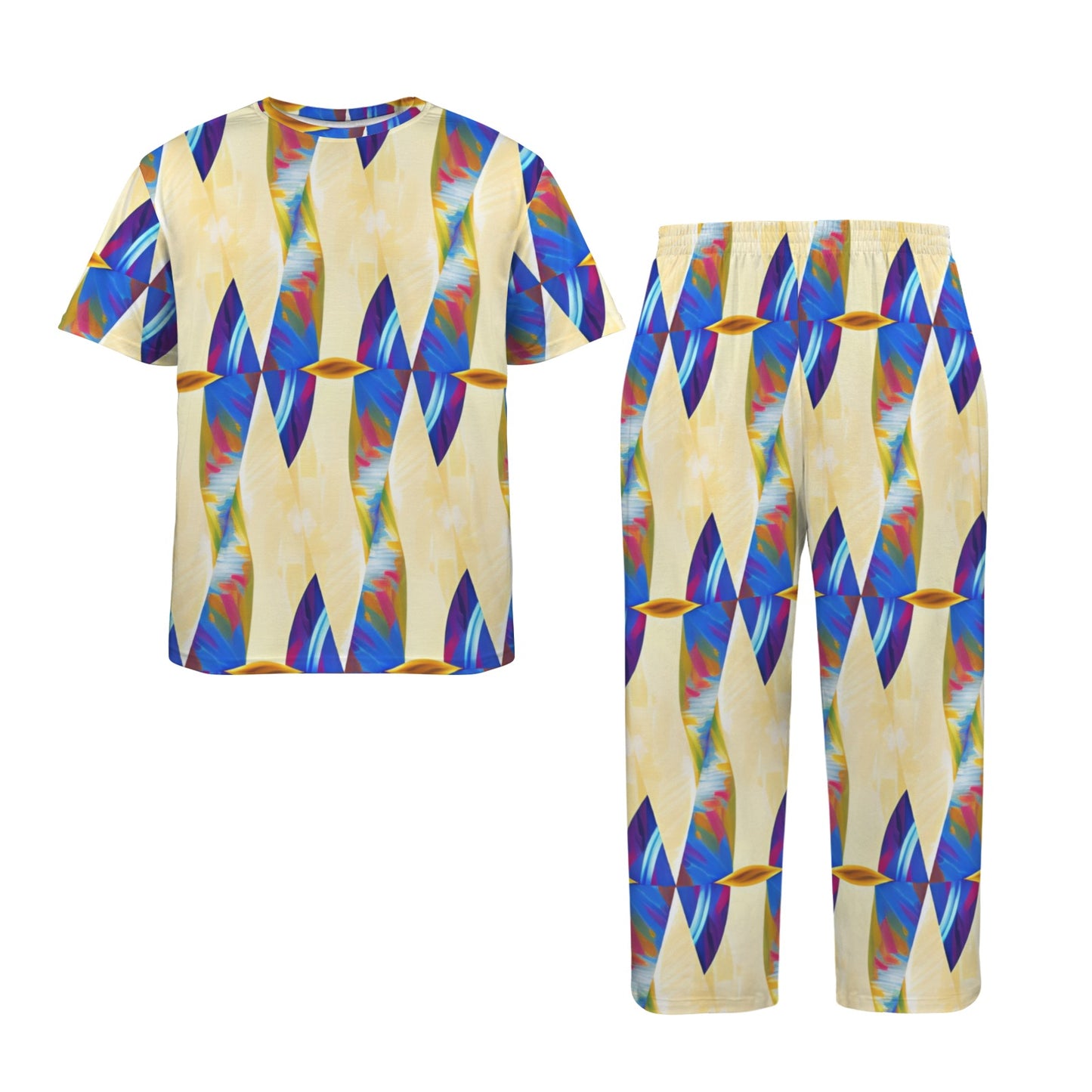 Men's Abstract Blue Wave Pattern All Over Print Crew Neck Pajama Set
