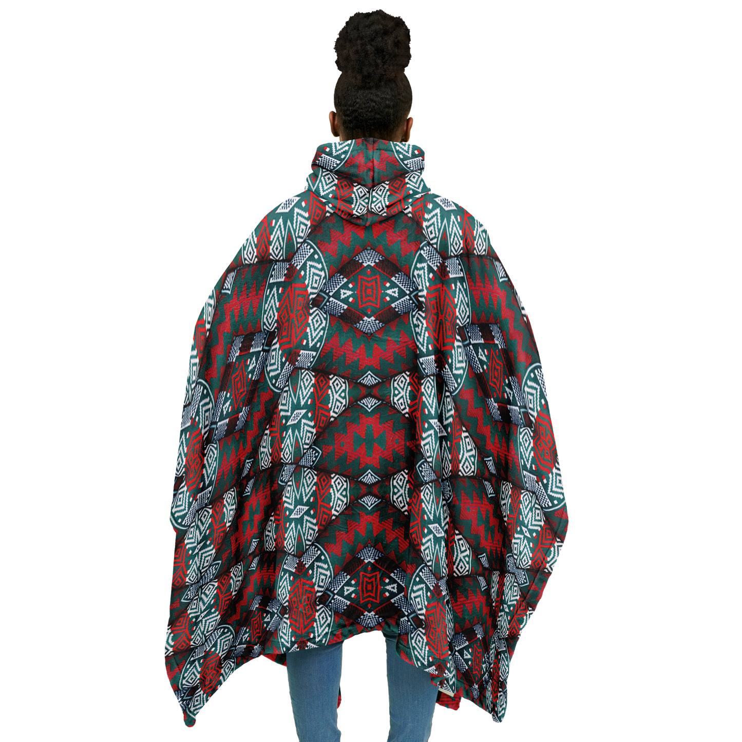 Women's Red, Green & Teal Tribal Geometric Pattern All-Over Print Flannel Blanket Poncho