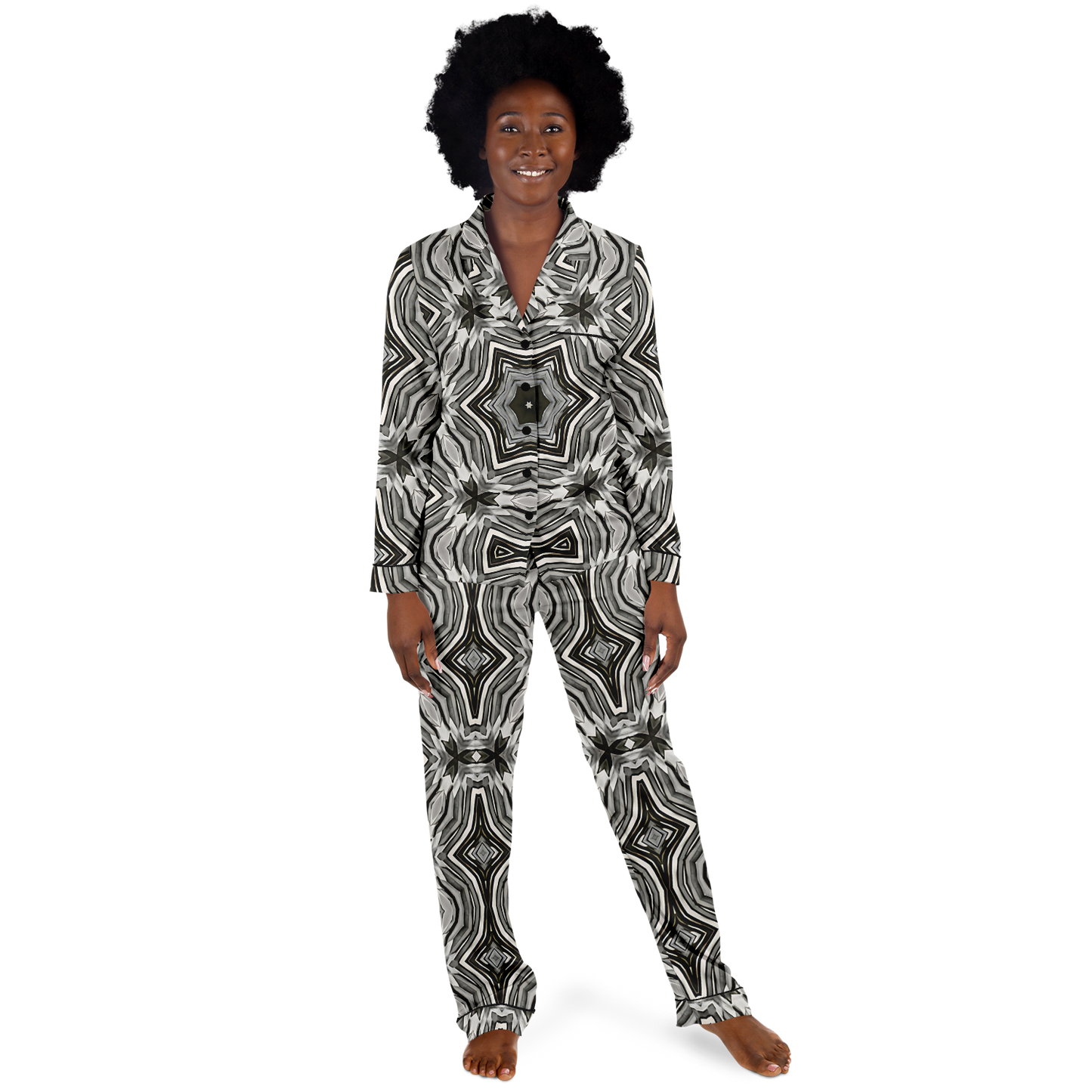Women's Monochrome Kaleidoscope Pattern Satin Pajamas