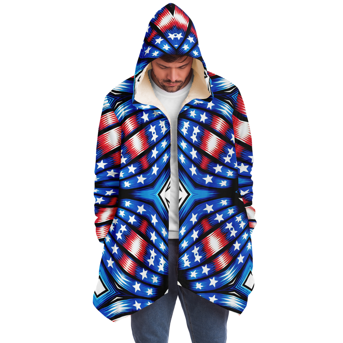 Men's Red White Blue Geometric Pattern All-Over Print All Over Print Microfleece Cloak