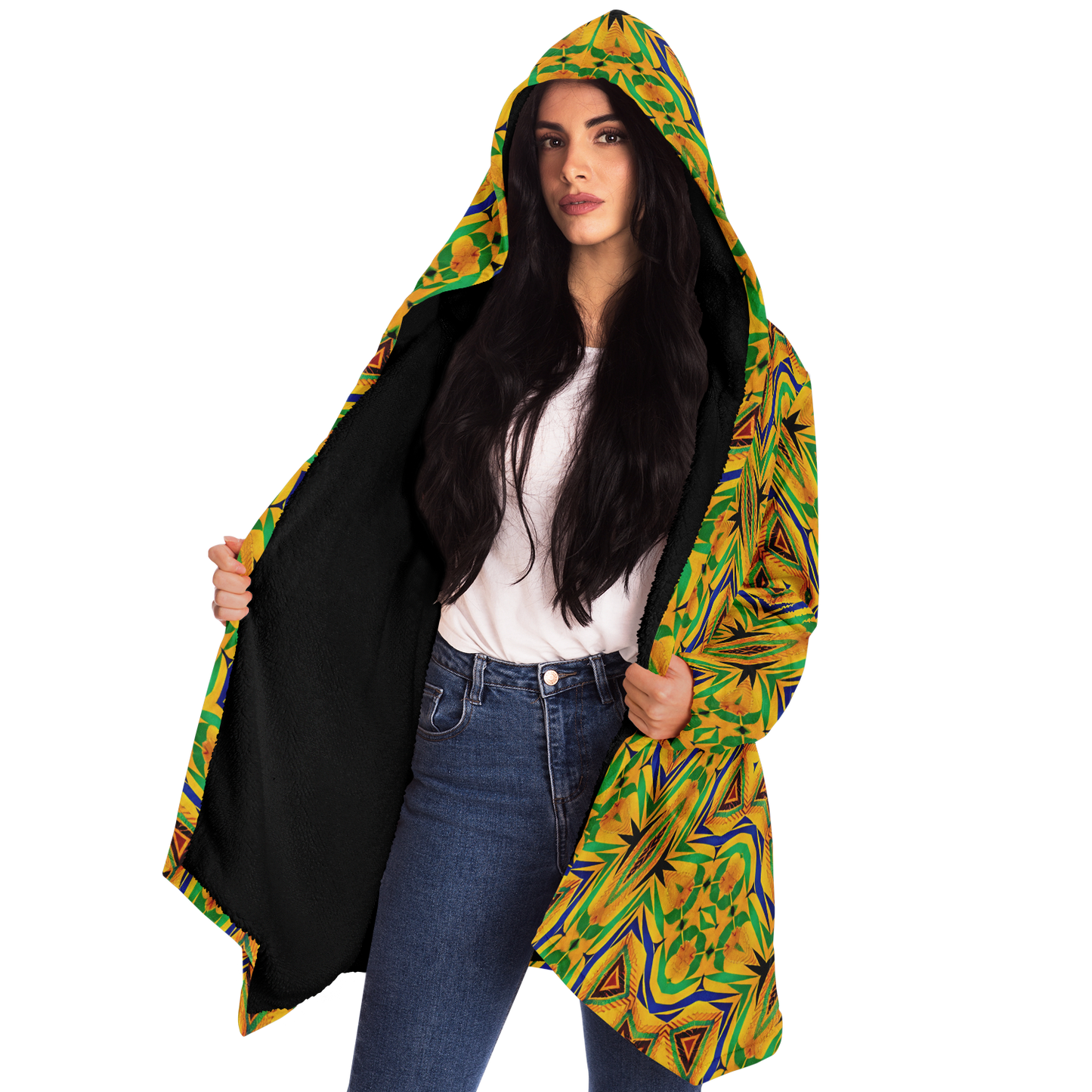 Women's Vibrant Yellow Green Geo Kente Pattern All-Over Print Microfleece Cloak
