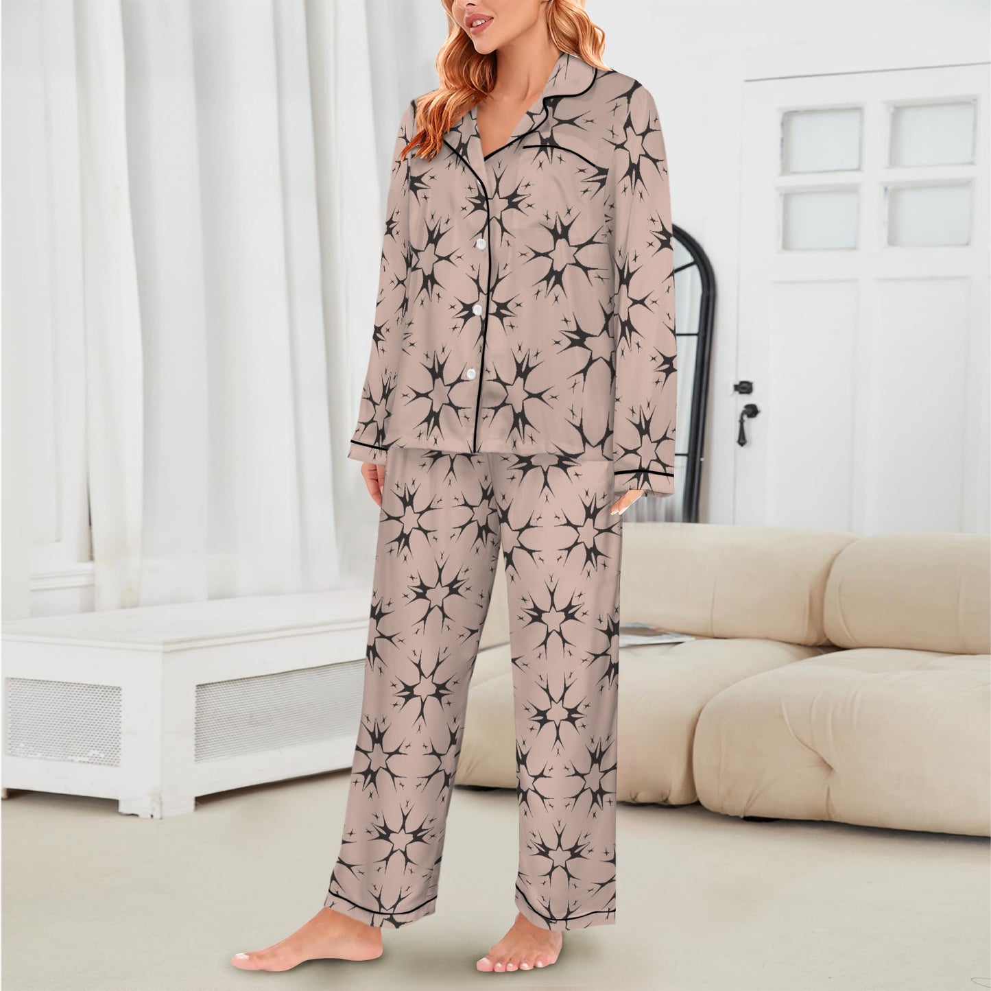 Women's Blush Pink Kaleidoscope Pattern All-Over Print Long Sleeve Satin Pajama Set