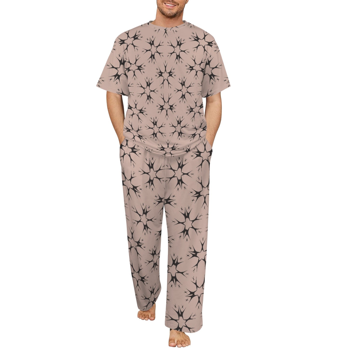 Men's Blush Pink Kaleidoscope Pattern All Over Print Crew Neck Pajama Set
