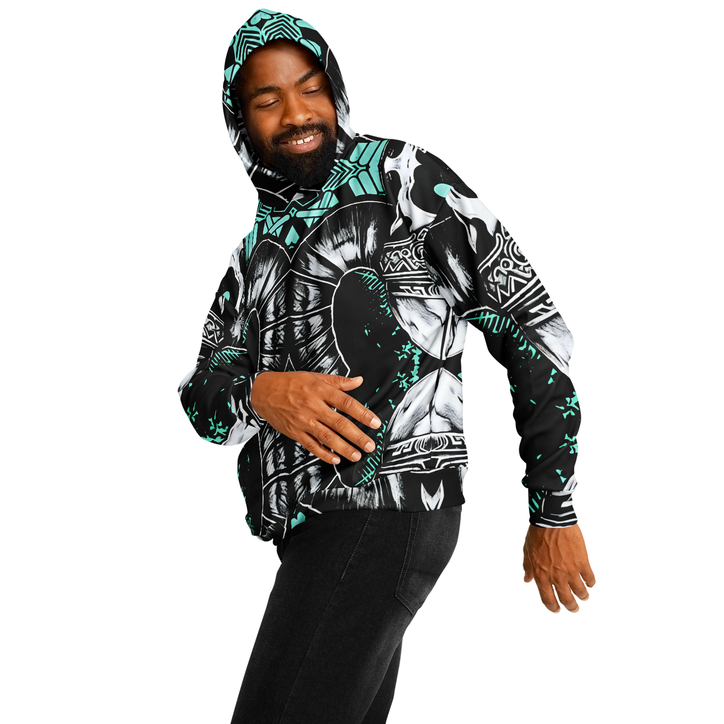 Men's Teal Black White & Green Geometric Pattern All Over Print Heavyweight Oversized Hoodie