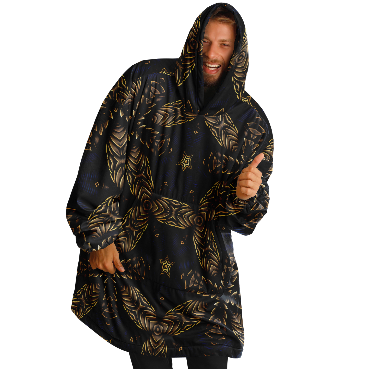 Men's Asymmetrical Gold, Blue & Black Pattern All Over Print Snug Hoodie