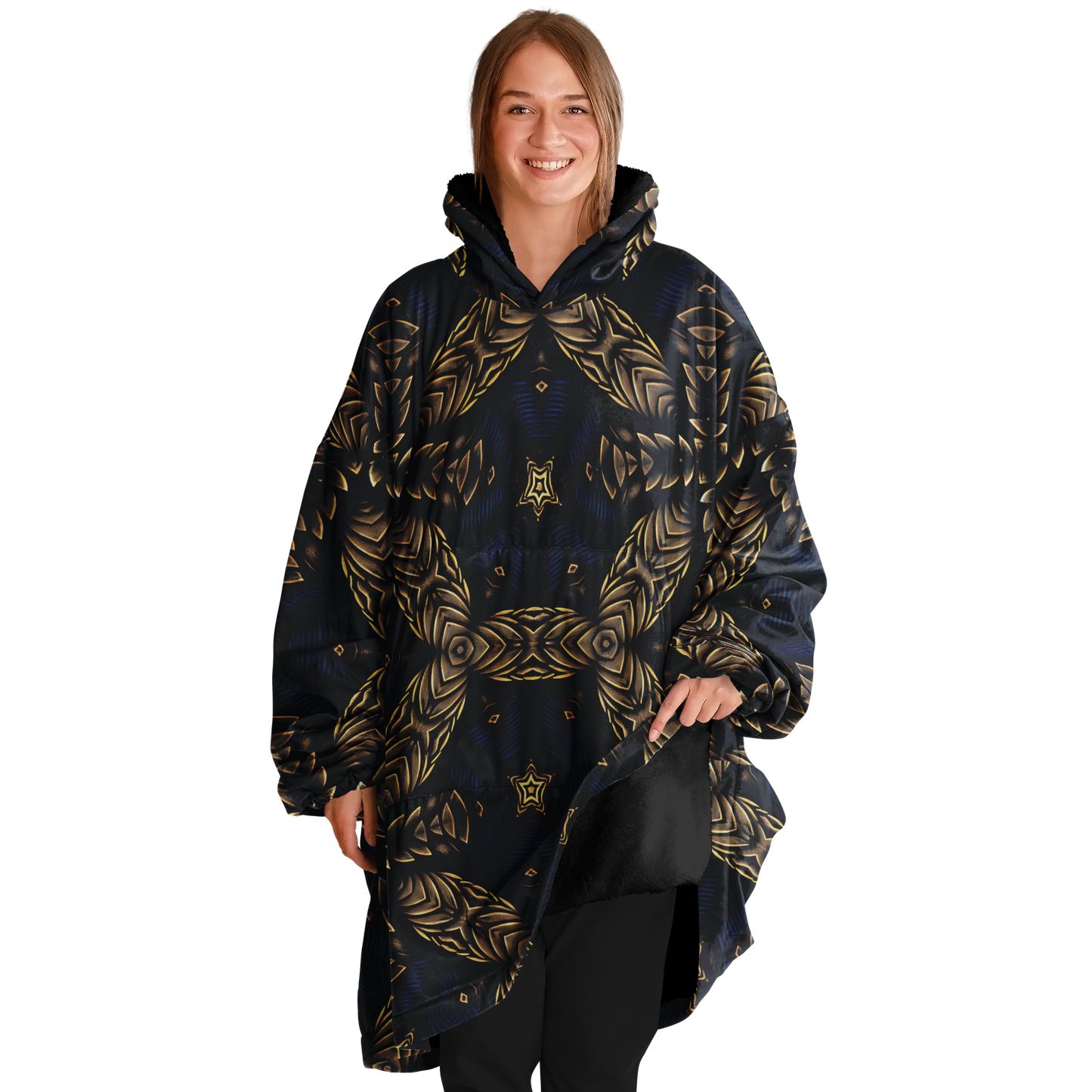 Women's Asymmetrical Gold, Blue & Black Pattern All Over Print Snug Hoodie