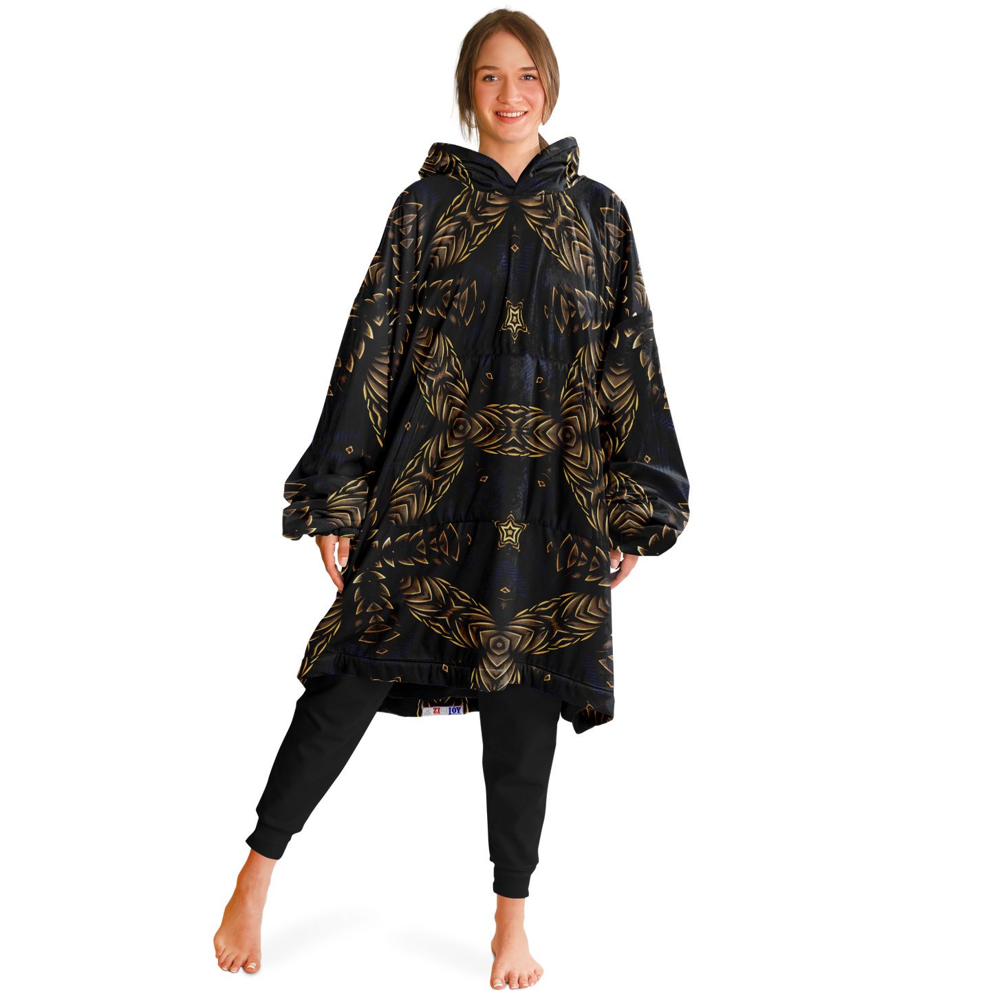 Women's Asymmetrical Gold, Blue & Black Pattern All Over Print Snug Hoodie
