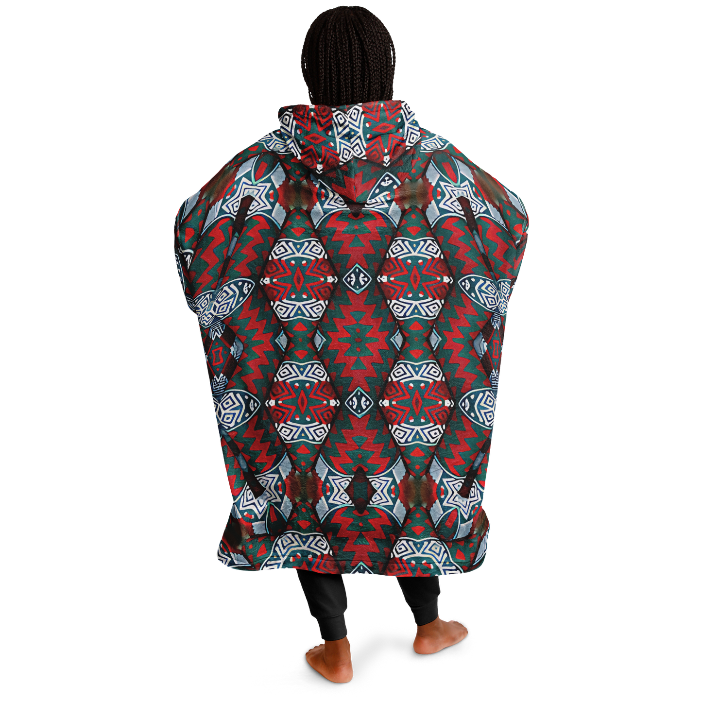 Women's Red & Teal Geometric Pattern Snug Hoodie Economy