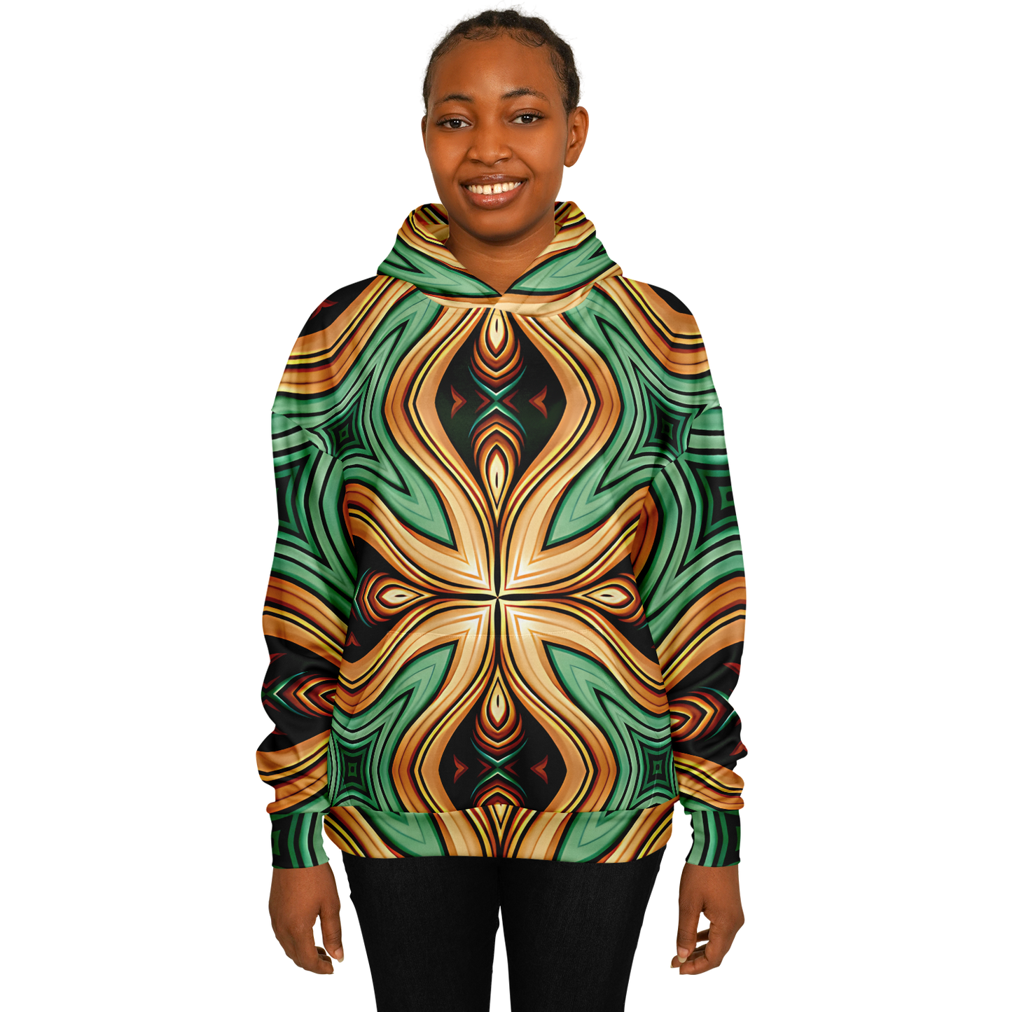 Women's  Green & Gold Retro Kaleidoscope Pattern Heavyweight Oversized Hoodie