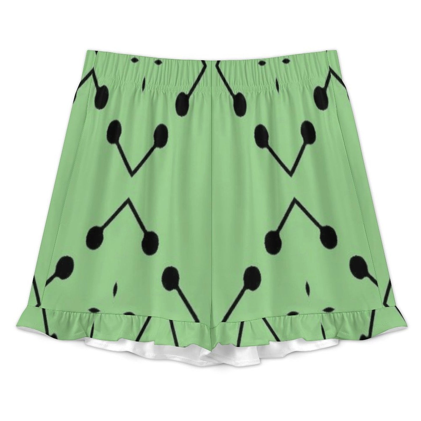 Women's Bold Green Geometric Black Dot-Node Pattern All-Over Print Ruffled Short-Sleeve Pajama Set