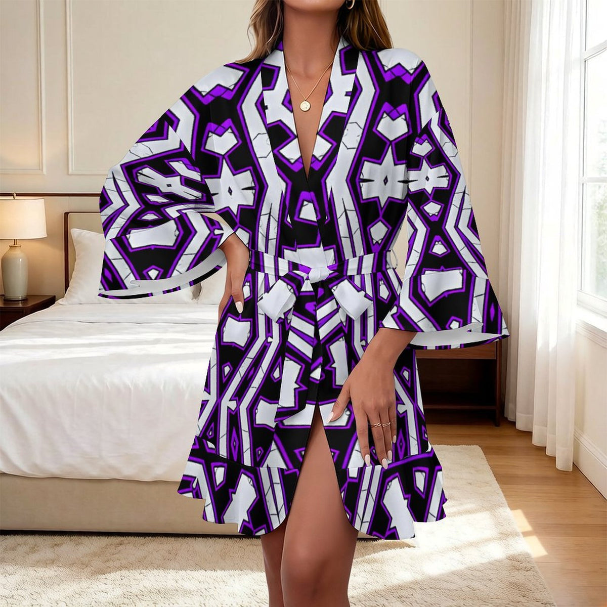 Women’s Eye-Catching Black, White And Purple Geometric Pattern Design All Over Print Ruffle Long Sleeve Robe