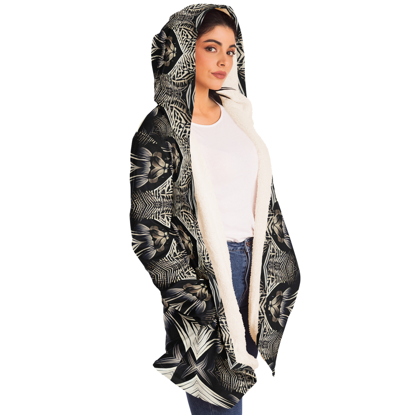 Women's Monochrome Geometric Kaleidoscope Pattern All Over Print Microfleece Cloak