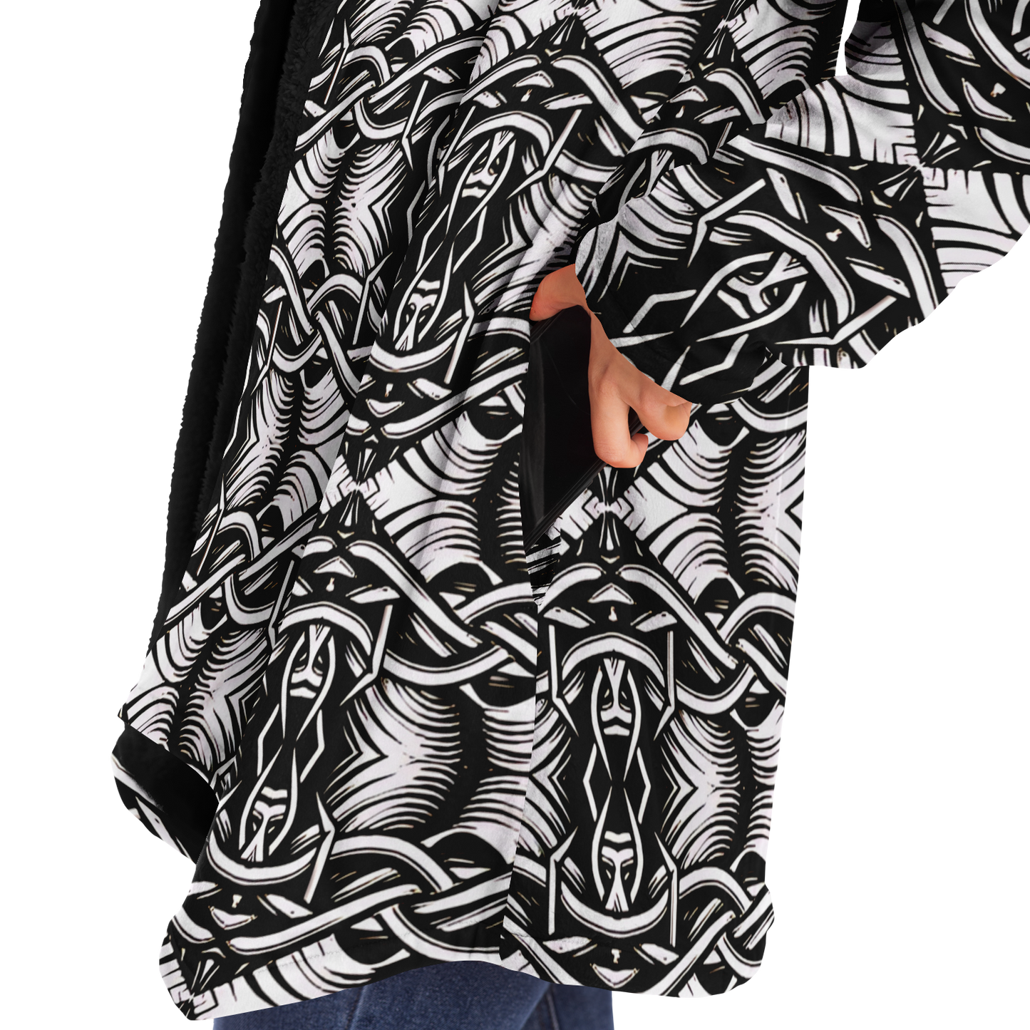 Women’s Black Intricate Silver Chain Tattoo Pattern High Microfleece Cloak