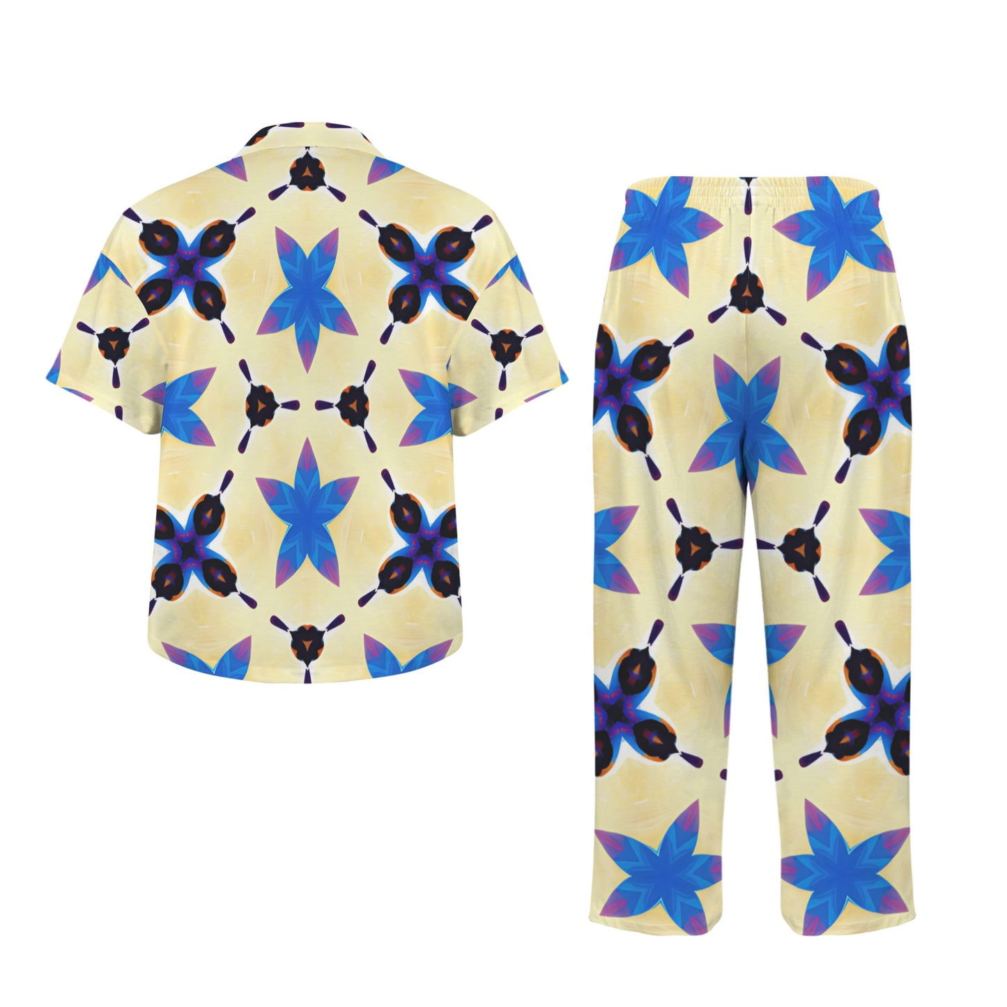 Women's Blue Floral Kaleidoscope All-Over Print Pattern V-Neck Pajama Set