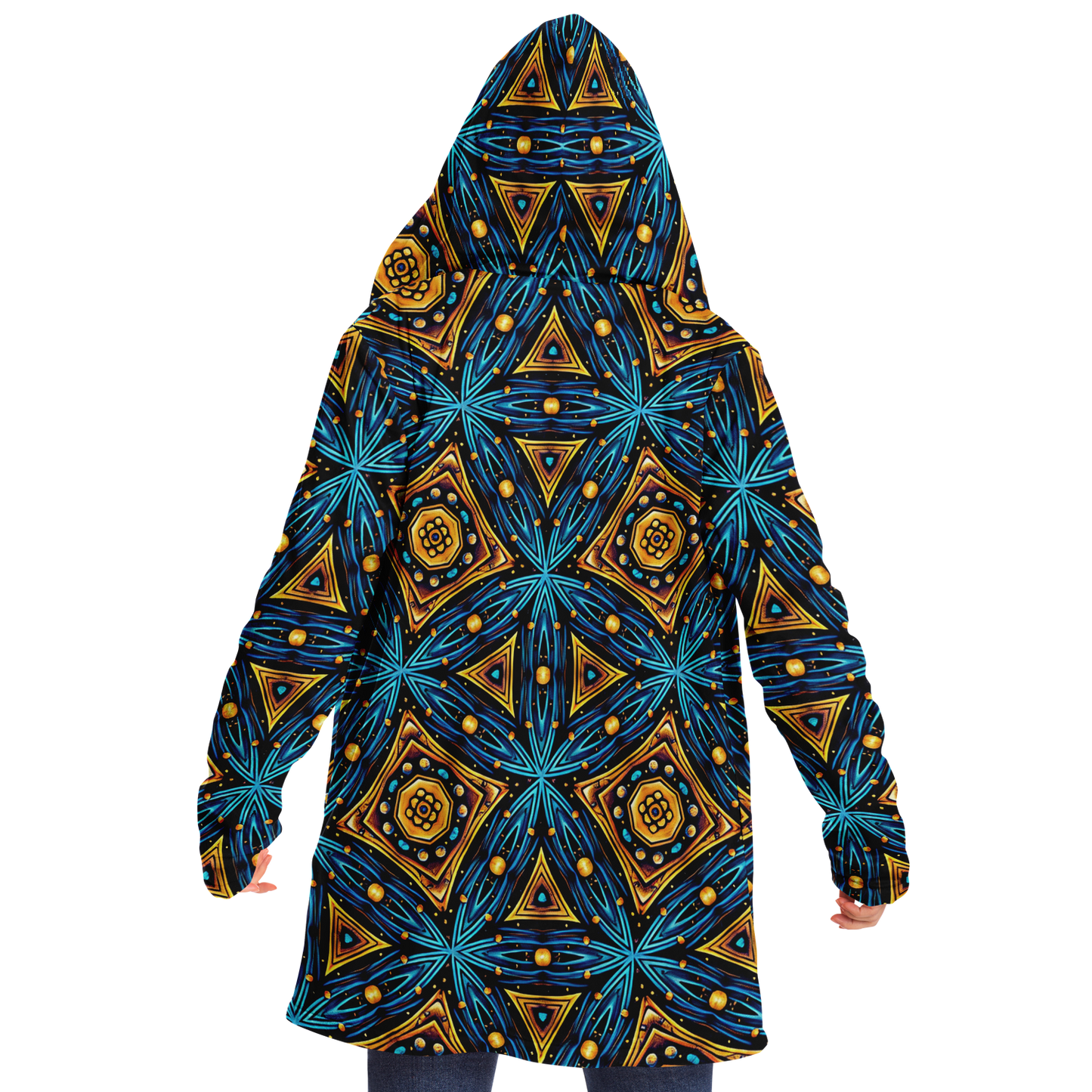 Women's Blue & Gold Geometric Pattern All Over Print Microfleece Cloak