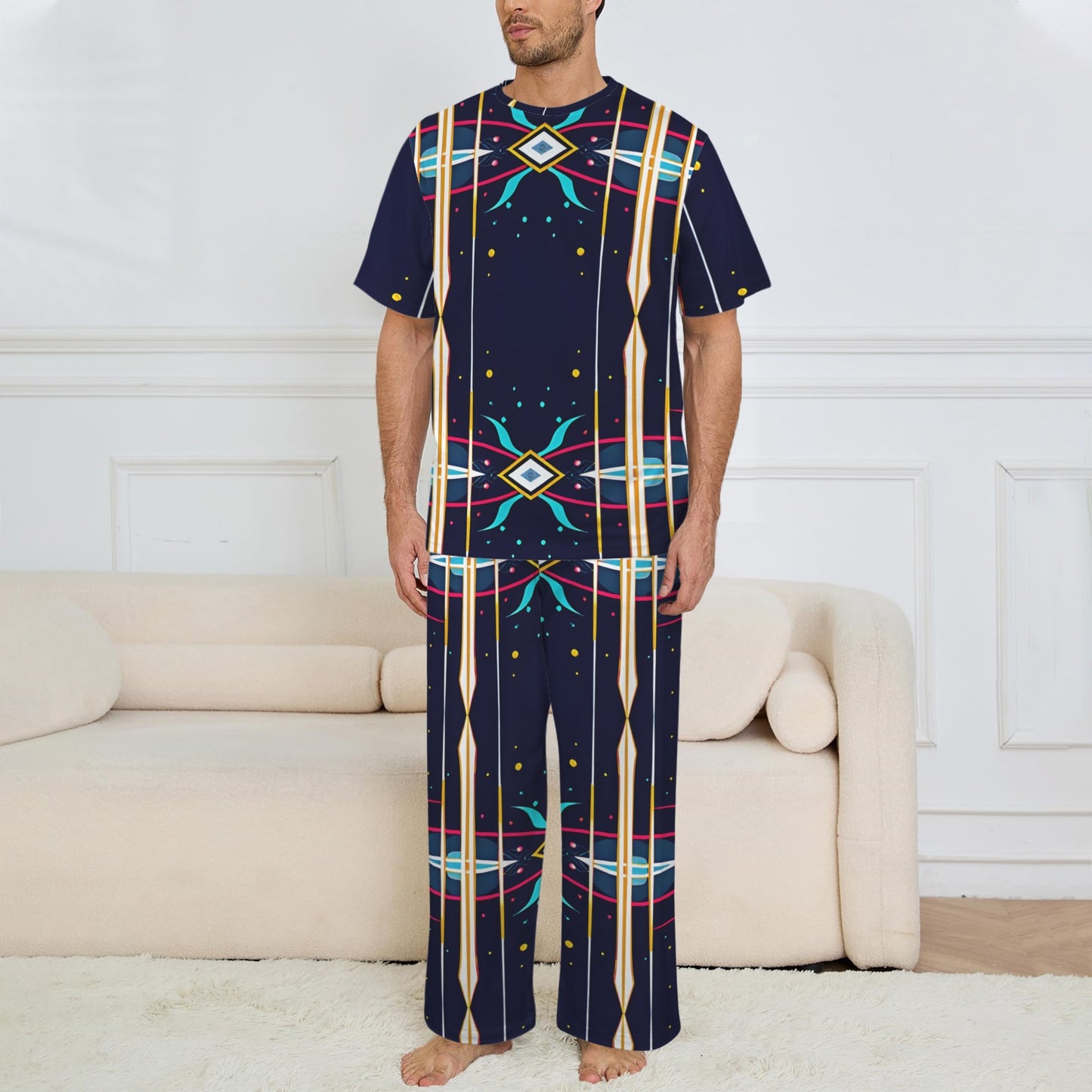 Men's Abstract Neon Geometry Pattern All Over Print Crew Neck Pajama Set