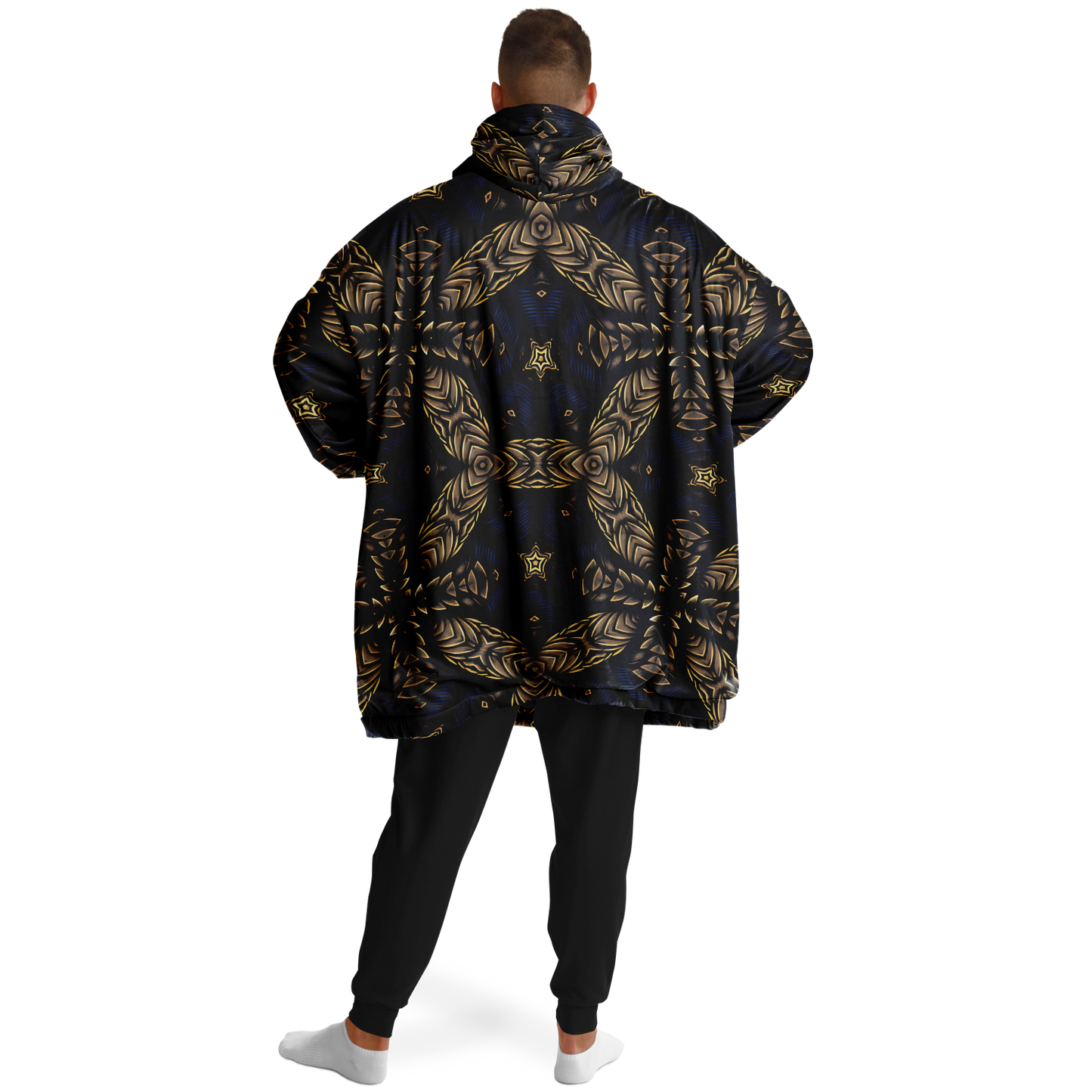 Men's Asymmetrical Gold, Blue & Black Pattern All Over Print Snug Hoodie
