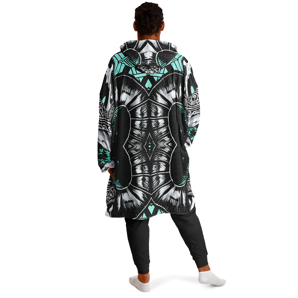 Men's Teal Black White & Green Geometric Pattern All Over Print Snug Hoodie Economy