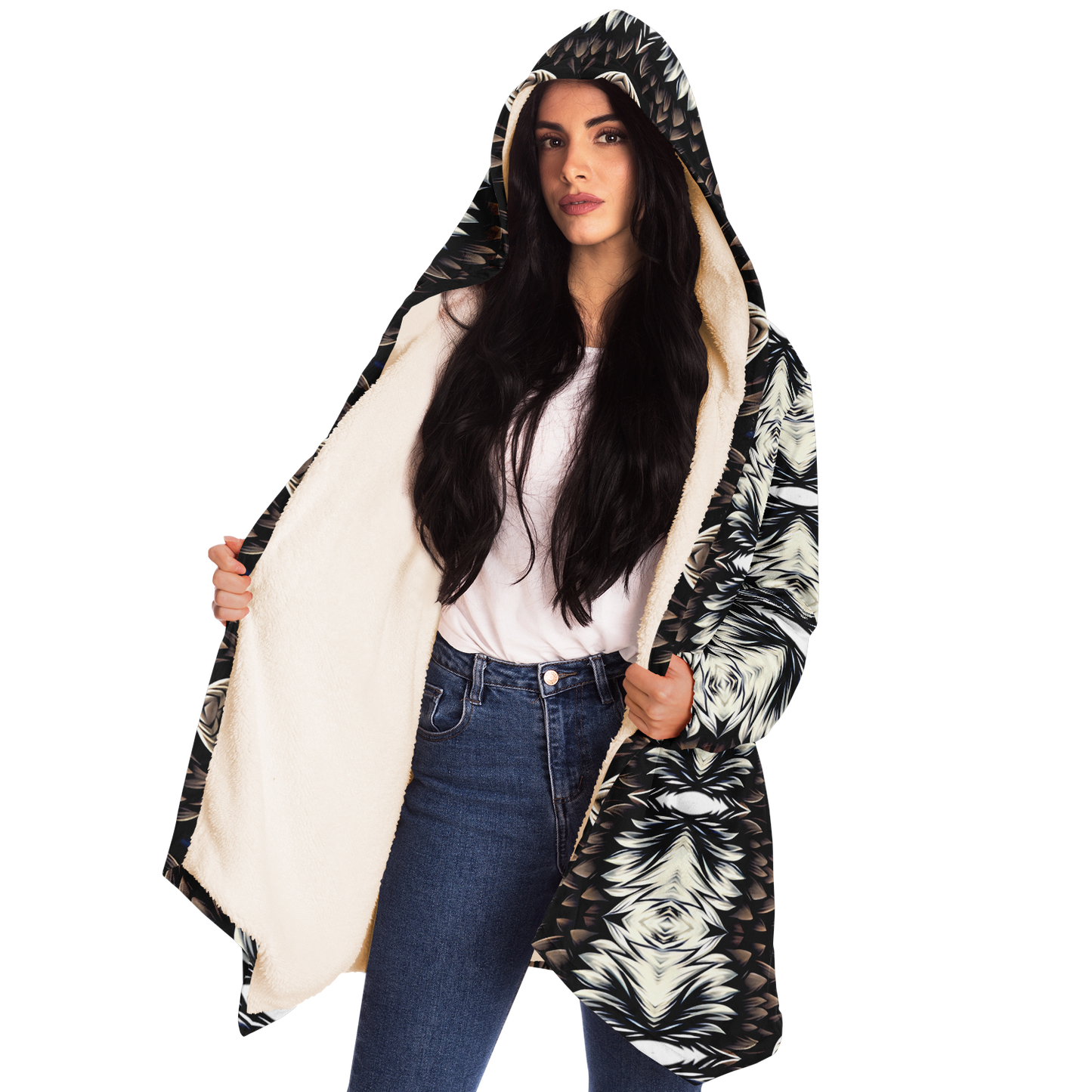 Women's Black White & Brown Kaleidoscope Pattern All Over Print Microfleece Cloak