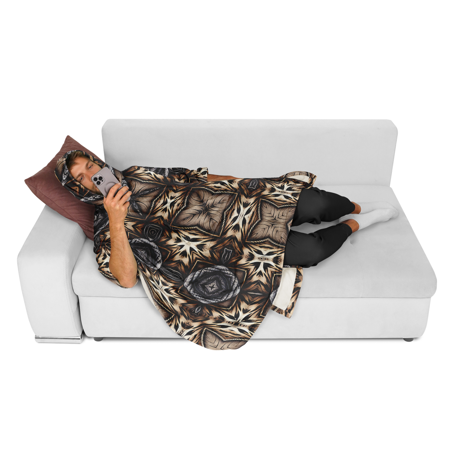 Men's Geometric Kaleidoscope Brown Pattern All Over Print Flannel Blanket Poncho