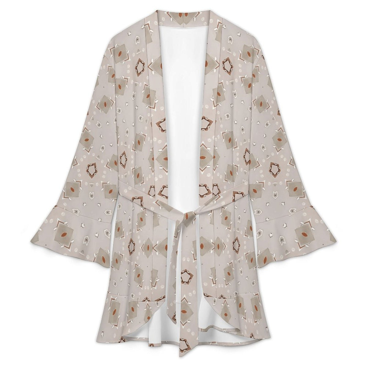 Women's Beige Neutral Geo Pattern Design All-Over Print Ruffle Long Sleeve Robe