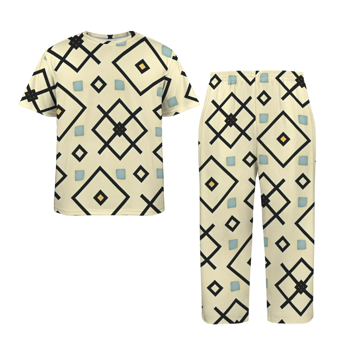 Men's Retro Cream Geometric Diamond Pattern Design All Over Print Men's Crew Neck Pajama Set