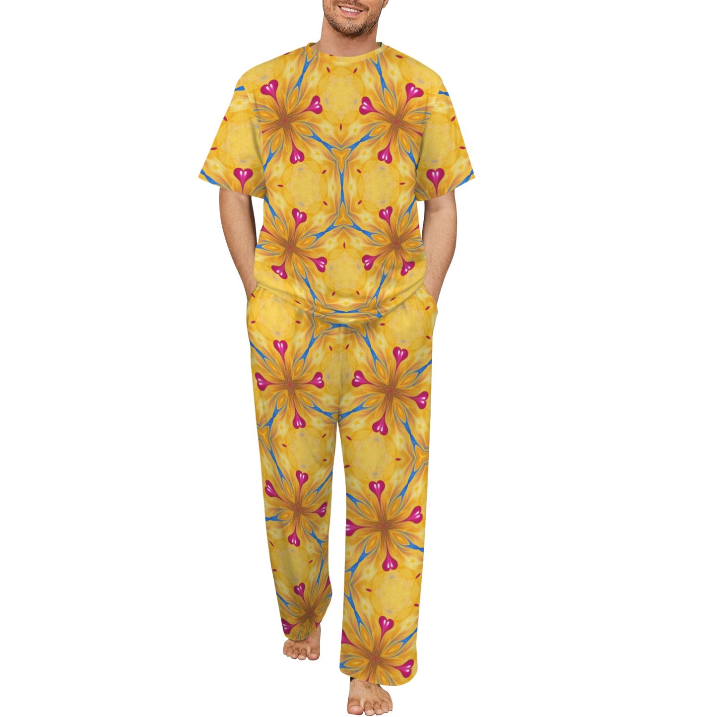 Men's Golden Vibrant  Floral Pattern All-Over Print Crew Neck Pajama Set