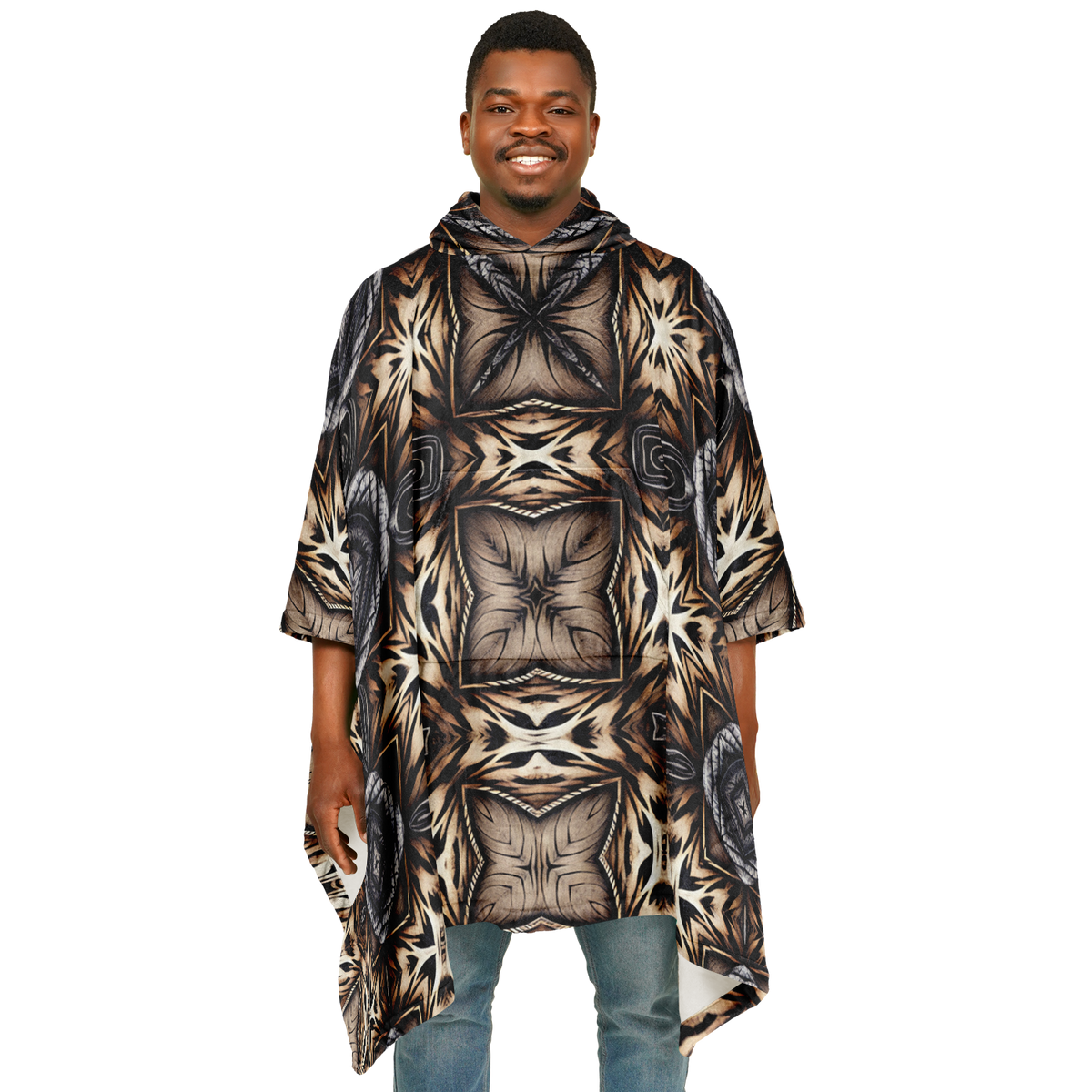Men's Geometric Kaleidoscope Brown Pattern All Over Print Flannel Blanket Poncho