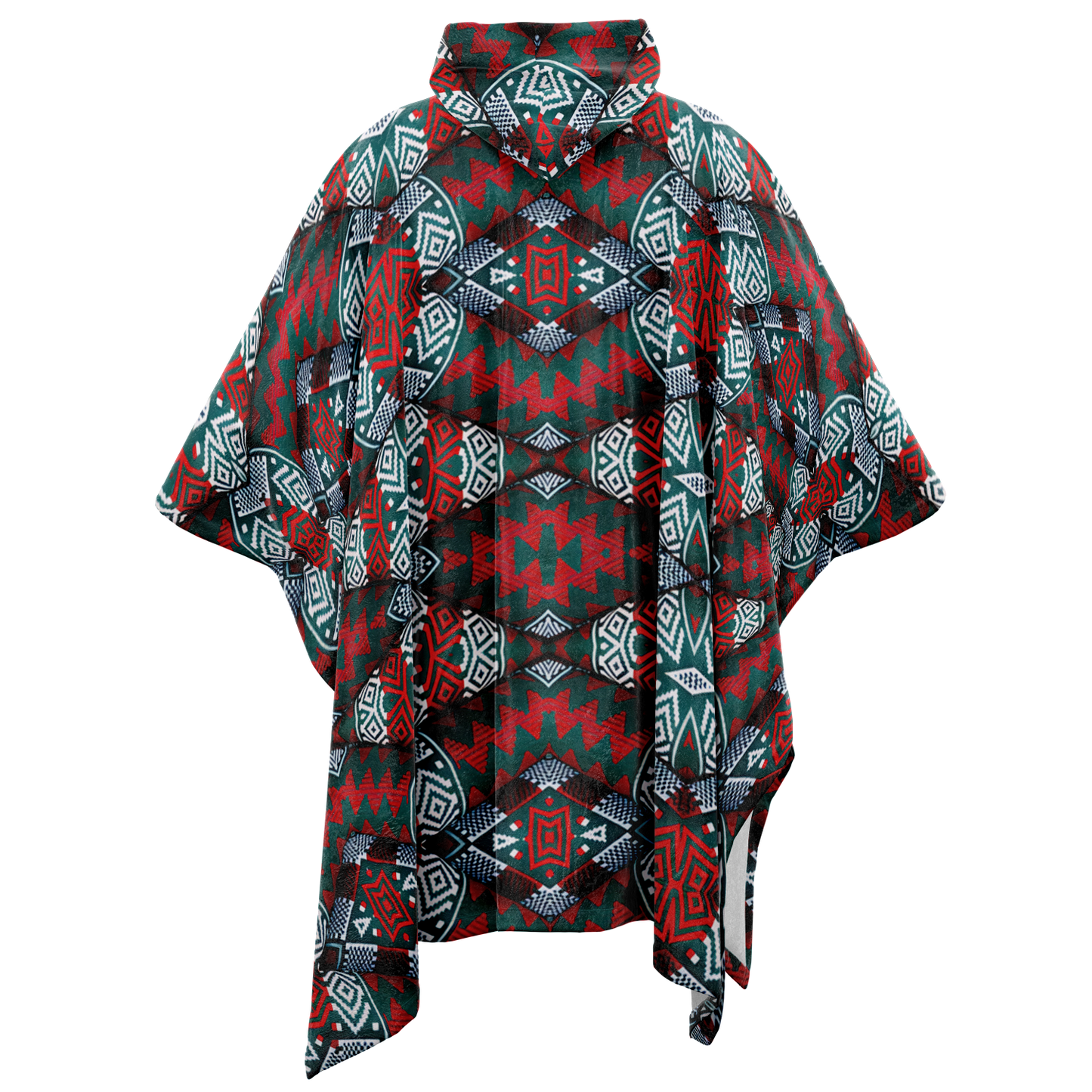 Men's Red, Green & Teal Tribal Geometric Pattern All-Over Print Flannel Blanket Poncho