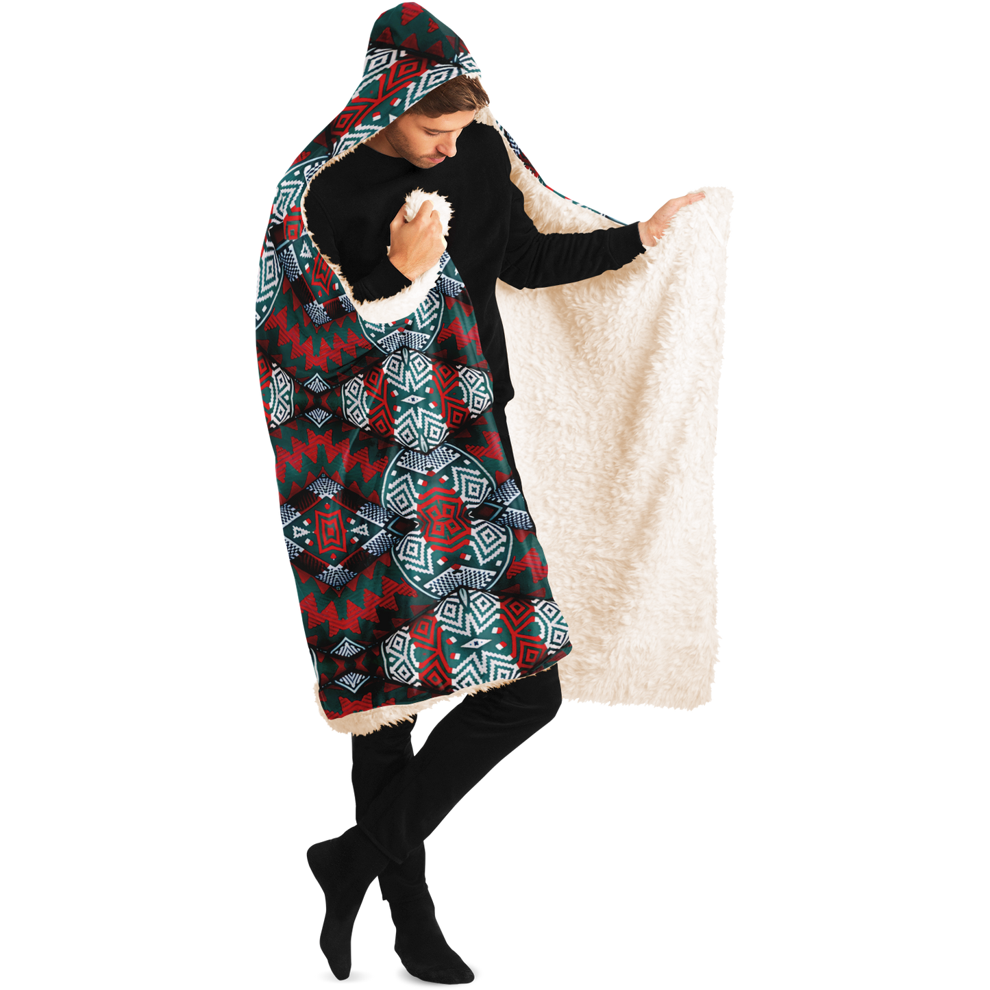 Men's Red, Green & Teal Tribal Geometric Pattern All-Over Print Hooded Blanket Sherpa