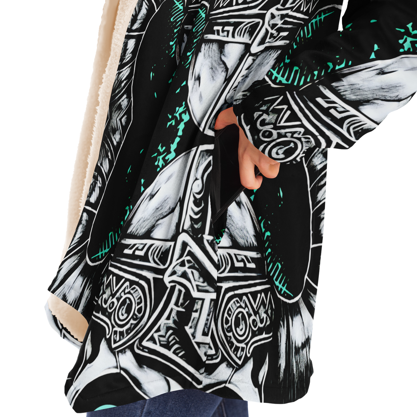 Women's Teal Black White & Green Geometric Pattern All Over Print Microfleece Cloak