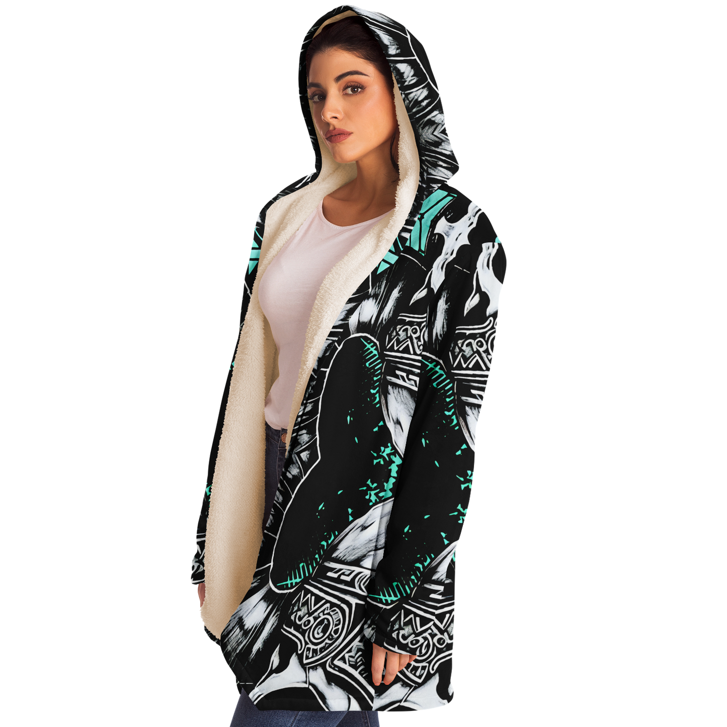 Women's Teal Black White & Green Geometric Pattern All Over Print Microfleece Cloak