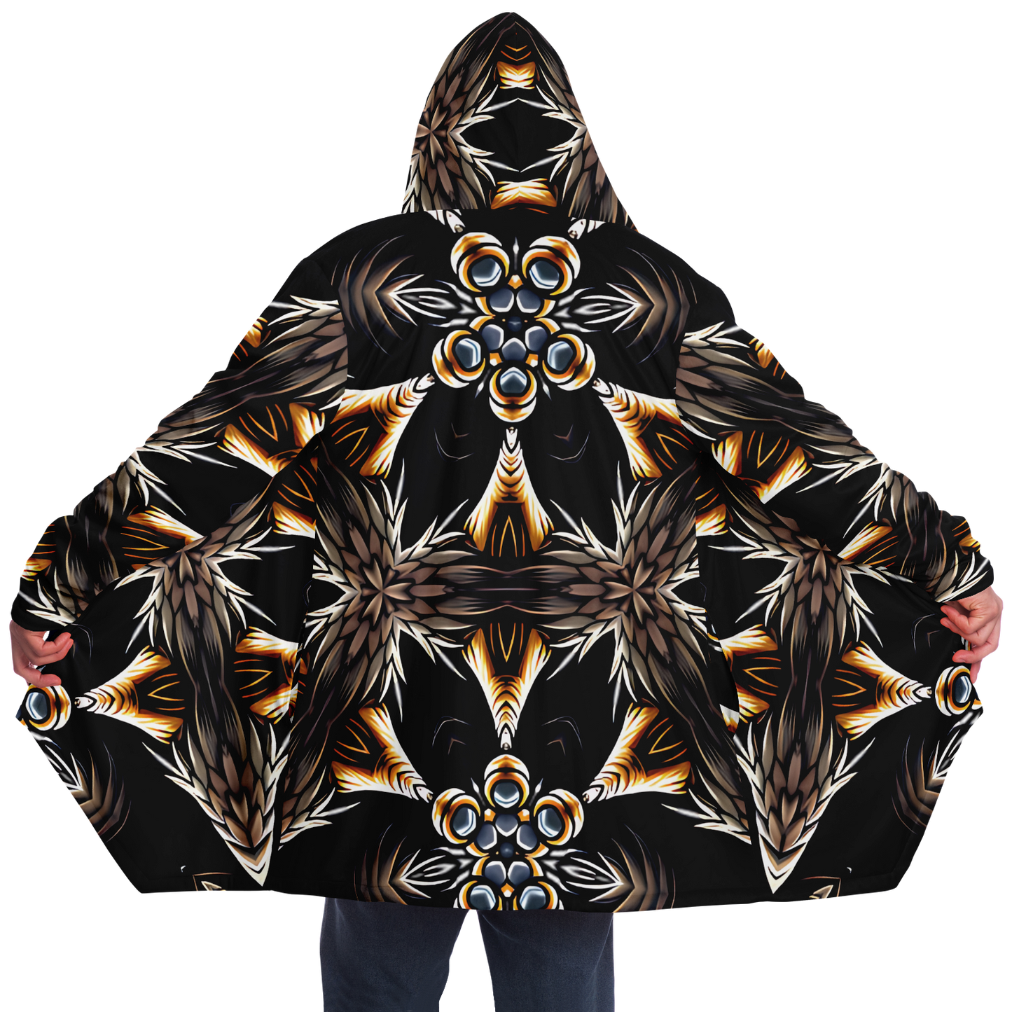 Men's Geometric Black & Gold Kaleidoscope Print Microfleece Cloak