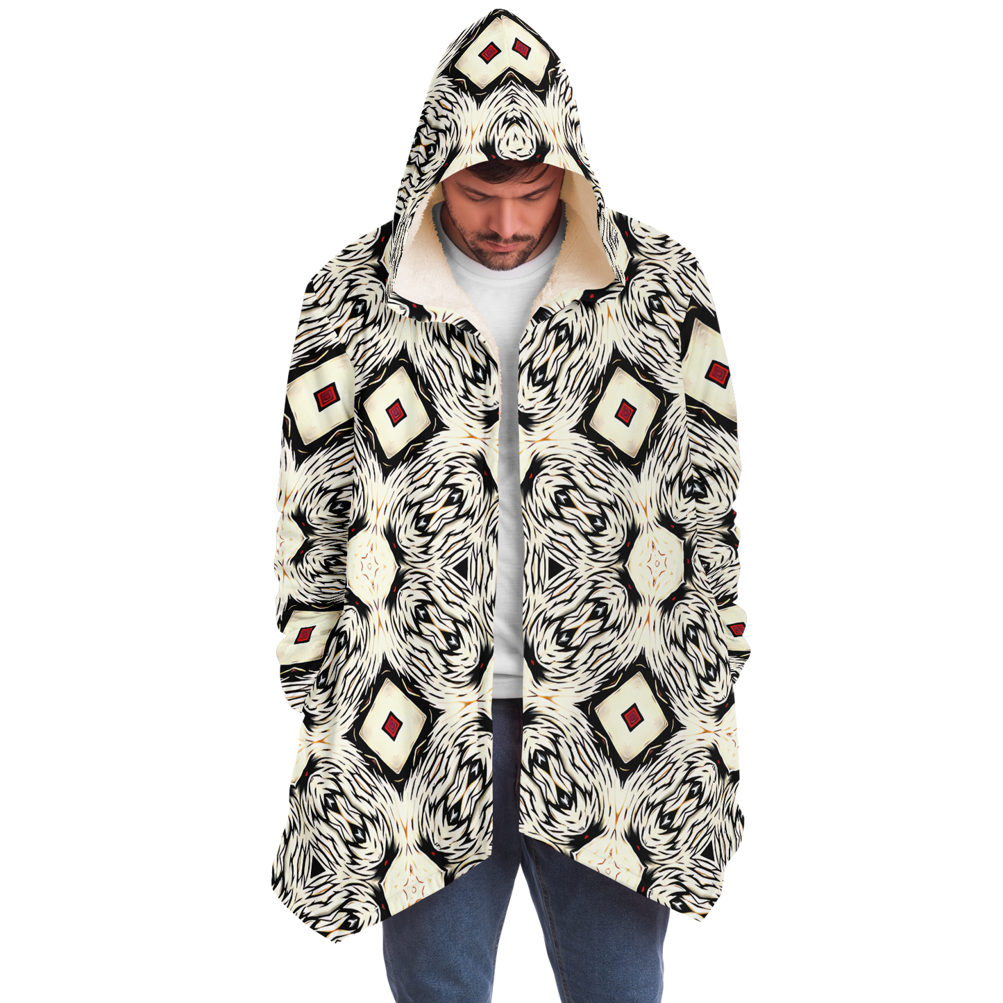 Men's Black & Cream Geometric Pattern All Over Print Microfleece Cloak