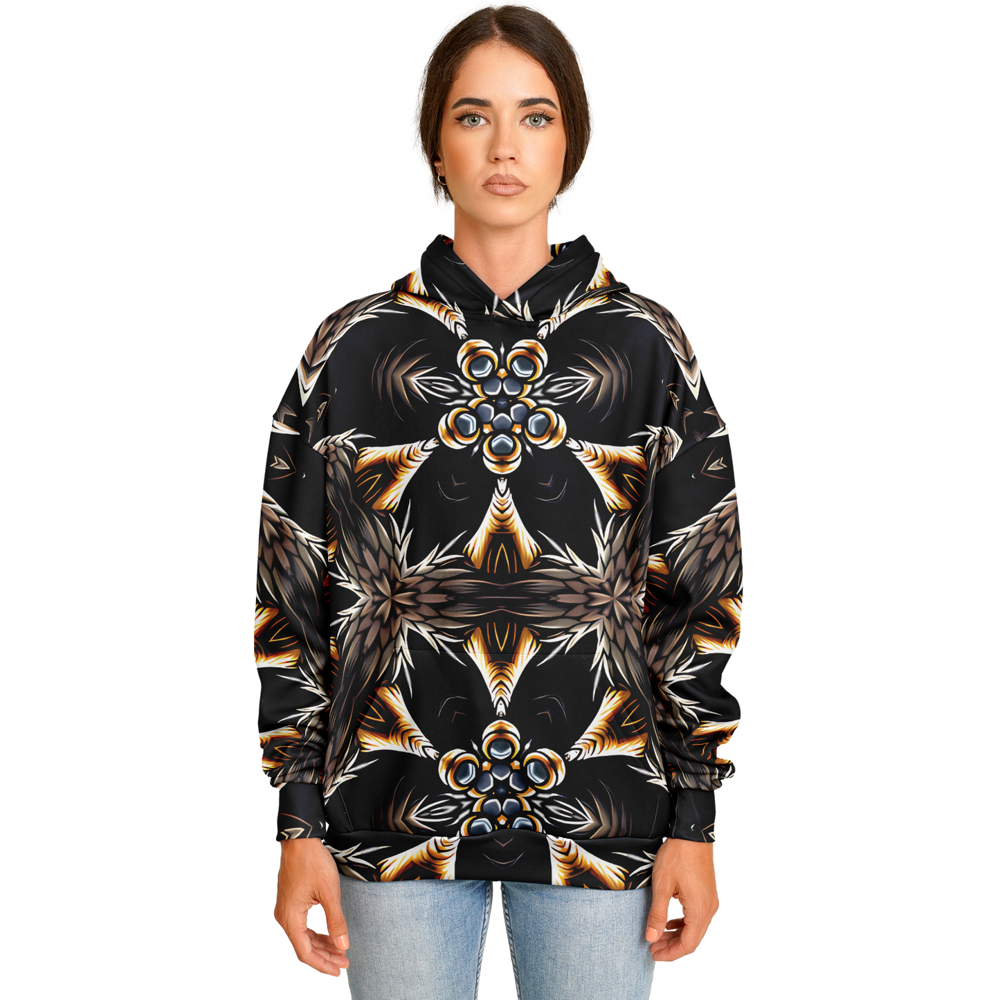 Women's Geometric Black & Gold Kaleidoscope Print Heavyweight Oversized Hoodie
