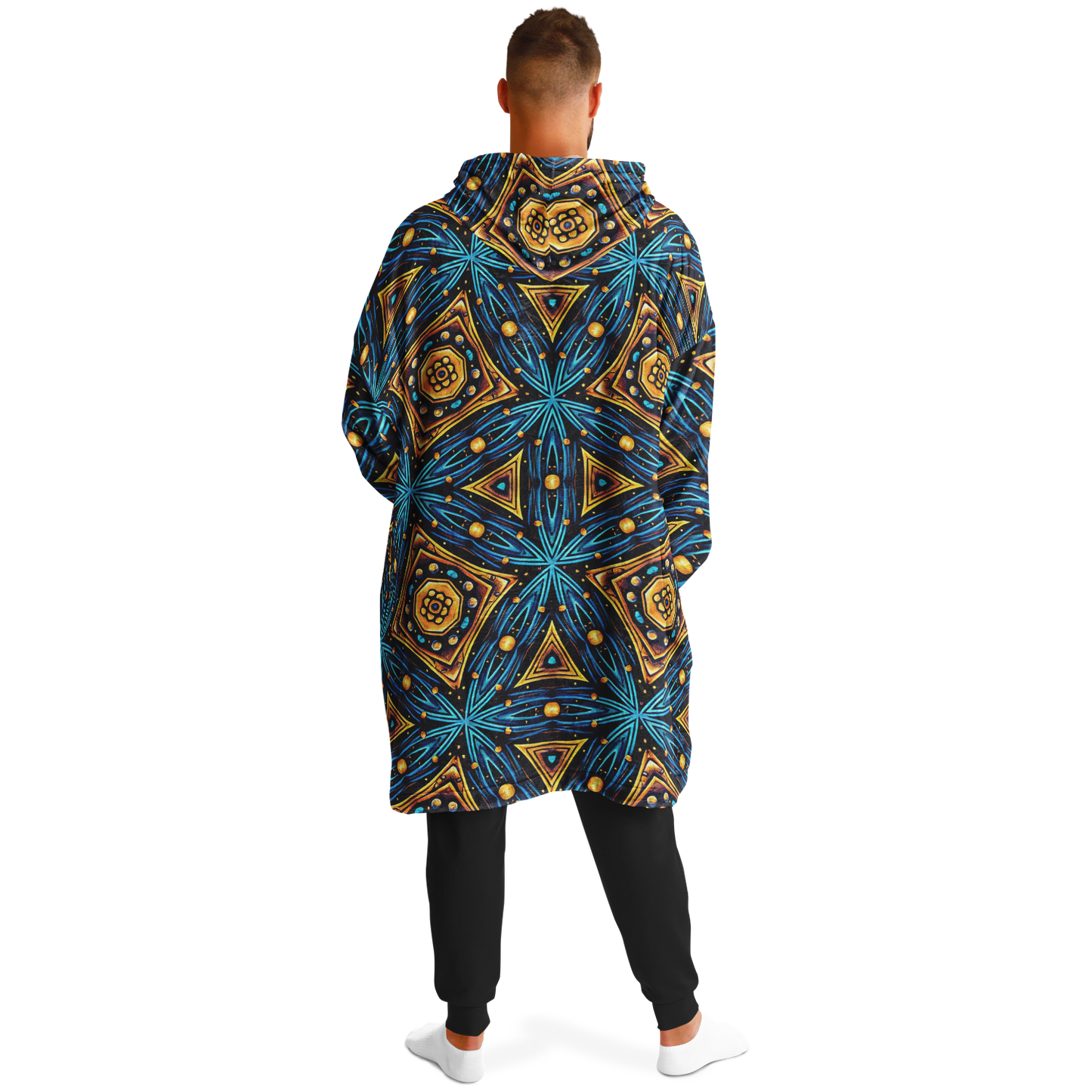 Men's Blue & Gold Geometric Pattern All Over Print Snug Hoodie Economy