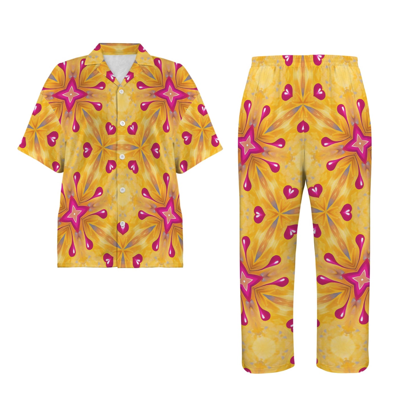 Women's Yellow Kaleidoscope Heart Pattern All Over Print V-Neck Pajama Set