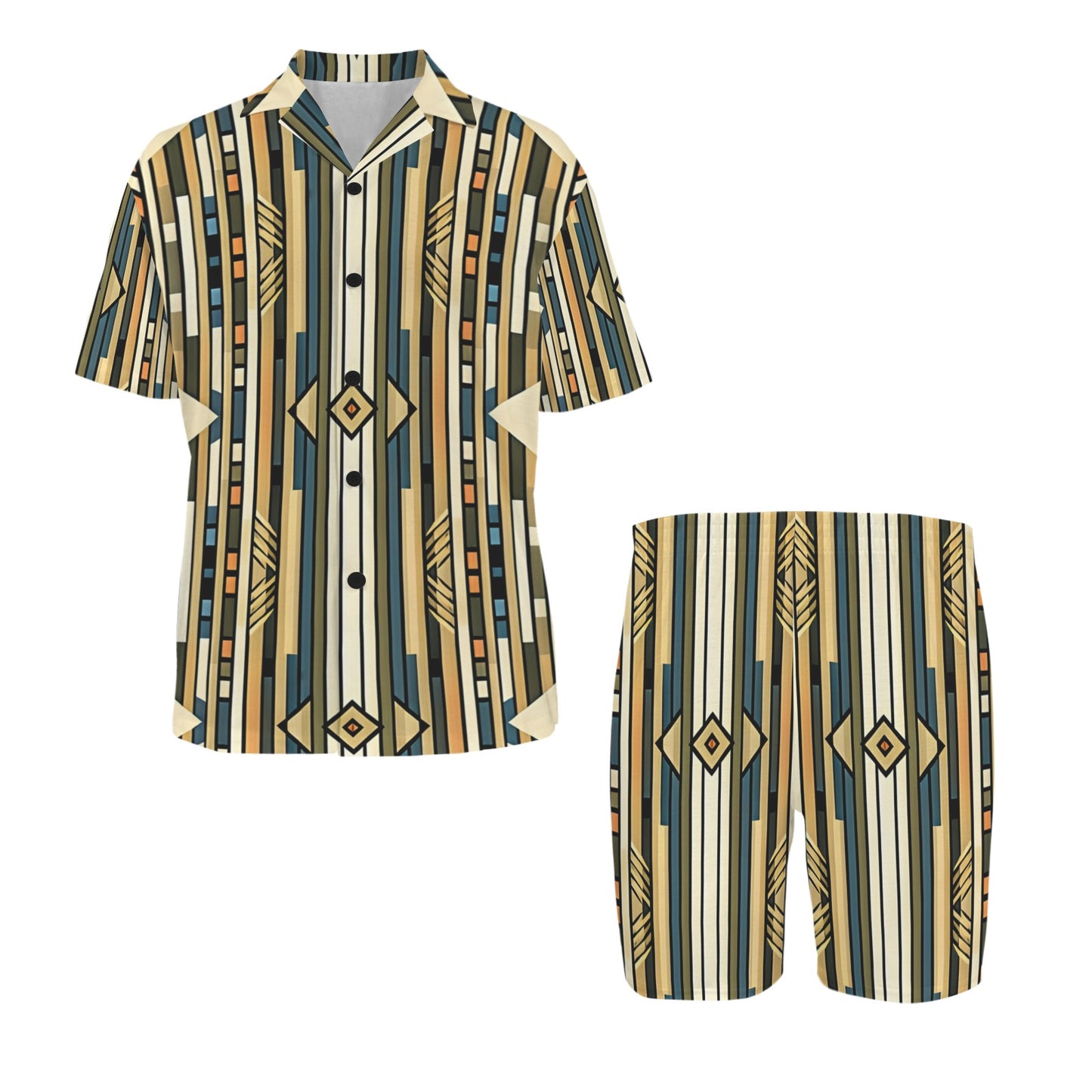 Men's Retro Geometric Tribal Pattern All-Over Print V-Neck Short Pajama Set