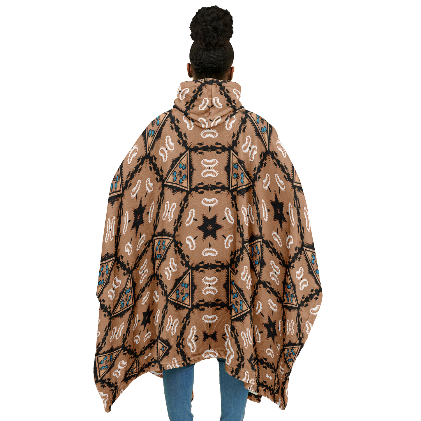 Women's Geometric Brown Kaleidoscope Pattern All Over Print Flannel Blanket Poncho