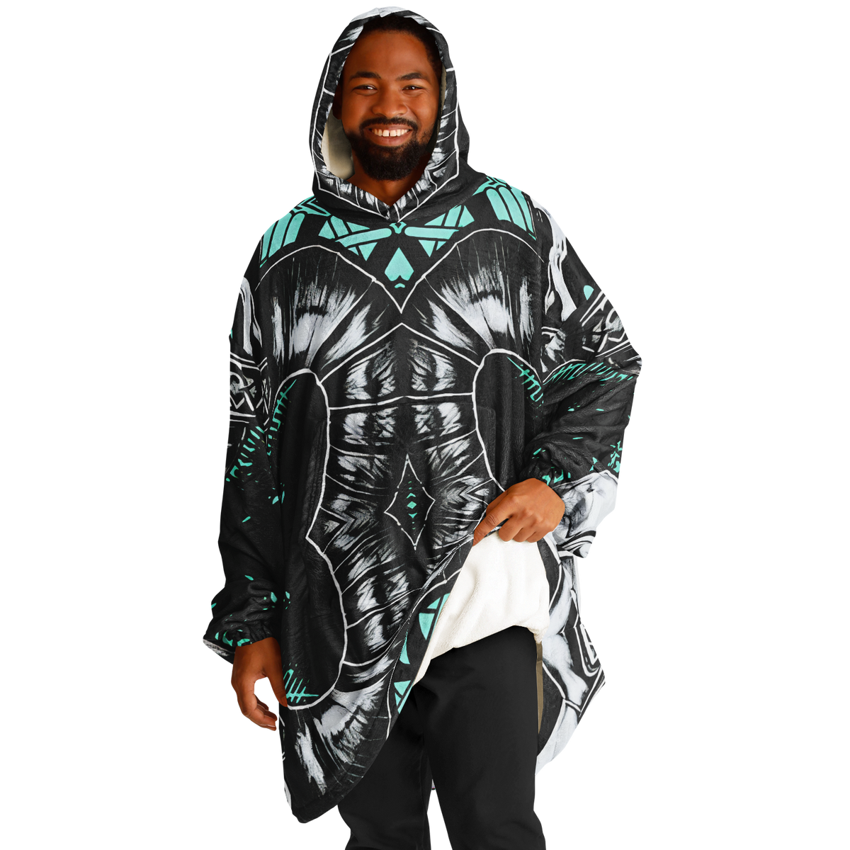 Men's Teal Black White & Green Geometric Pattern All Over Print Snug Hoodie Economy