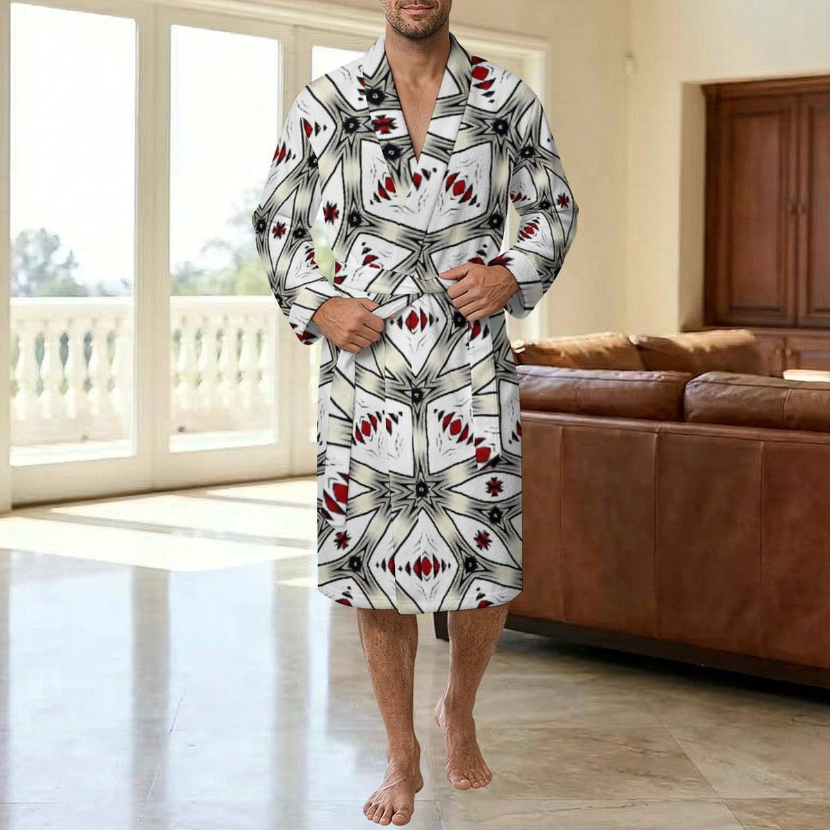 Men's Red & Gray Mosaic Pattern Design All-Over Print Flannel Adult Lounge Robe