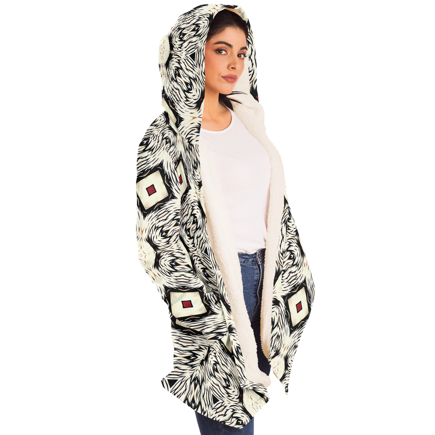 Women's Black & Cream Geometric Pattern All Over Print Microfleece Cloak