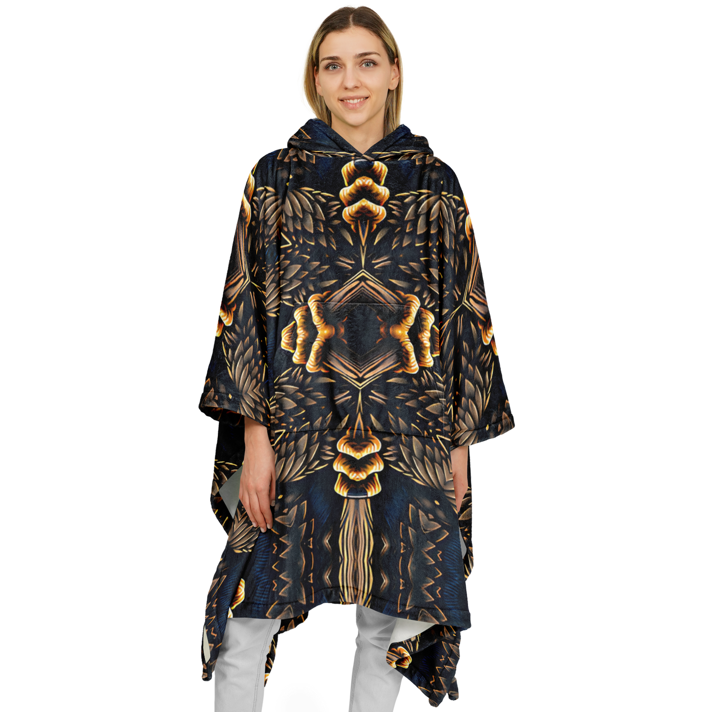Women's Geometric Gold & Black Pattern Flannel Blanket Poncho