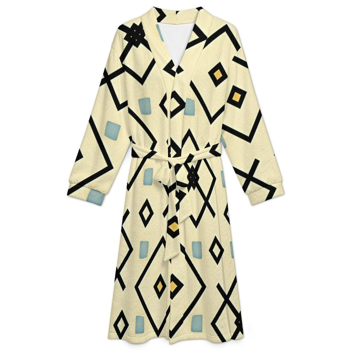 Men's Retro Cream Geo Diamond Pattern All Over Print Flannel Adult Lounge Robe