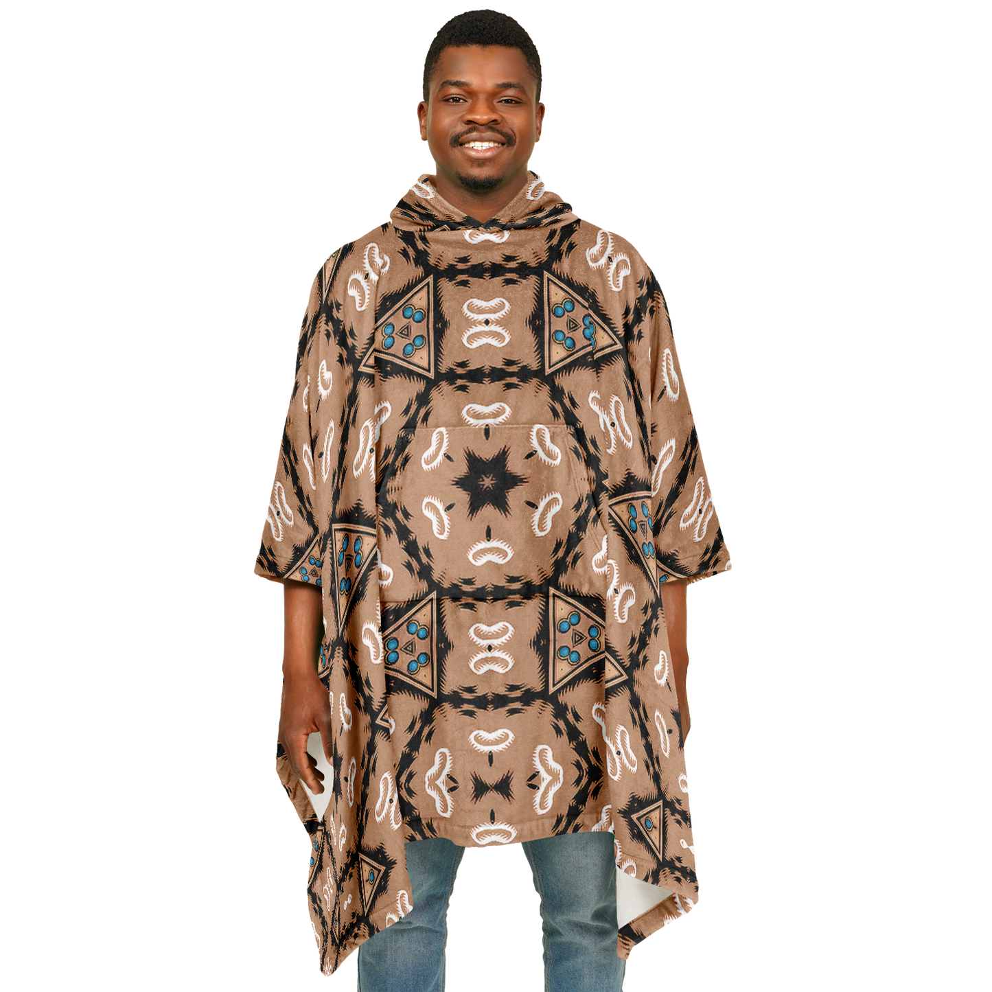 men's Geometric Brown Kaleidoscope Pattern All Over Print Flannel Blanket Poncho