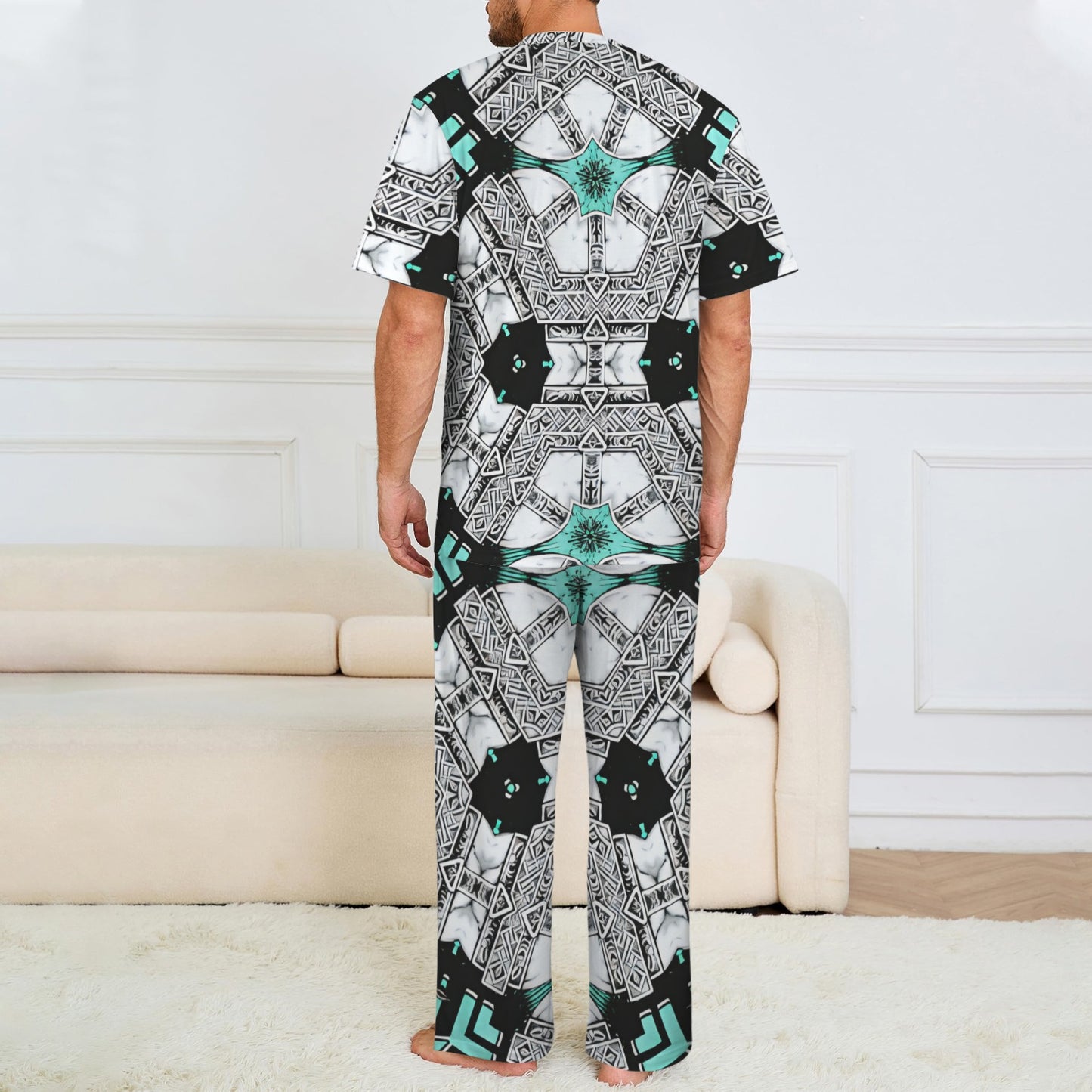 Men's Kaleidoscope Geo Pattern All Over Print Crew Neck Pajama Set