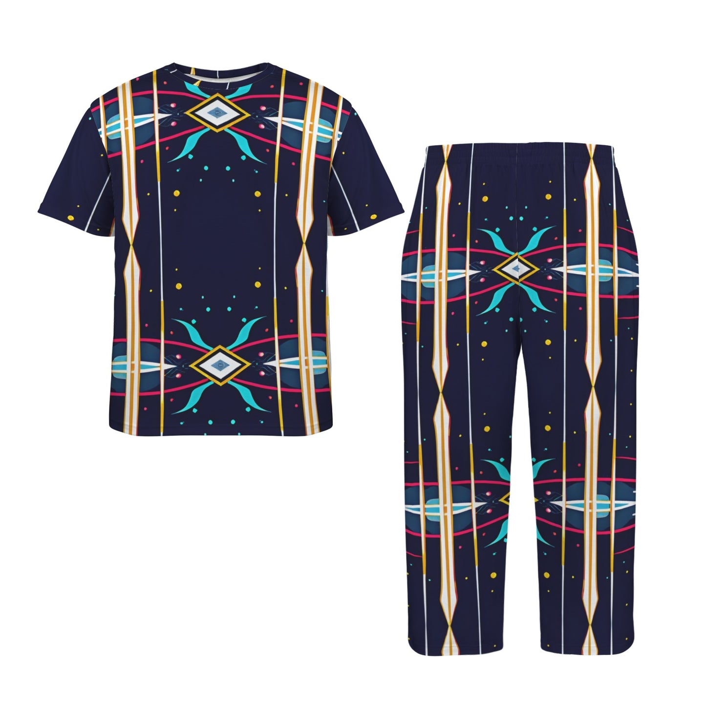 Men's Abstract Neon Geometry Pattern All Over Print Crew Neck Pajama Set