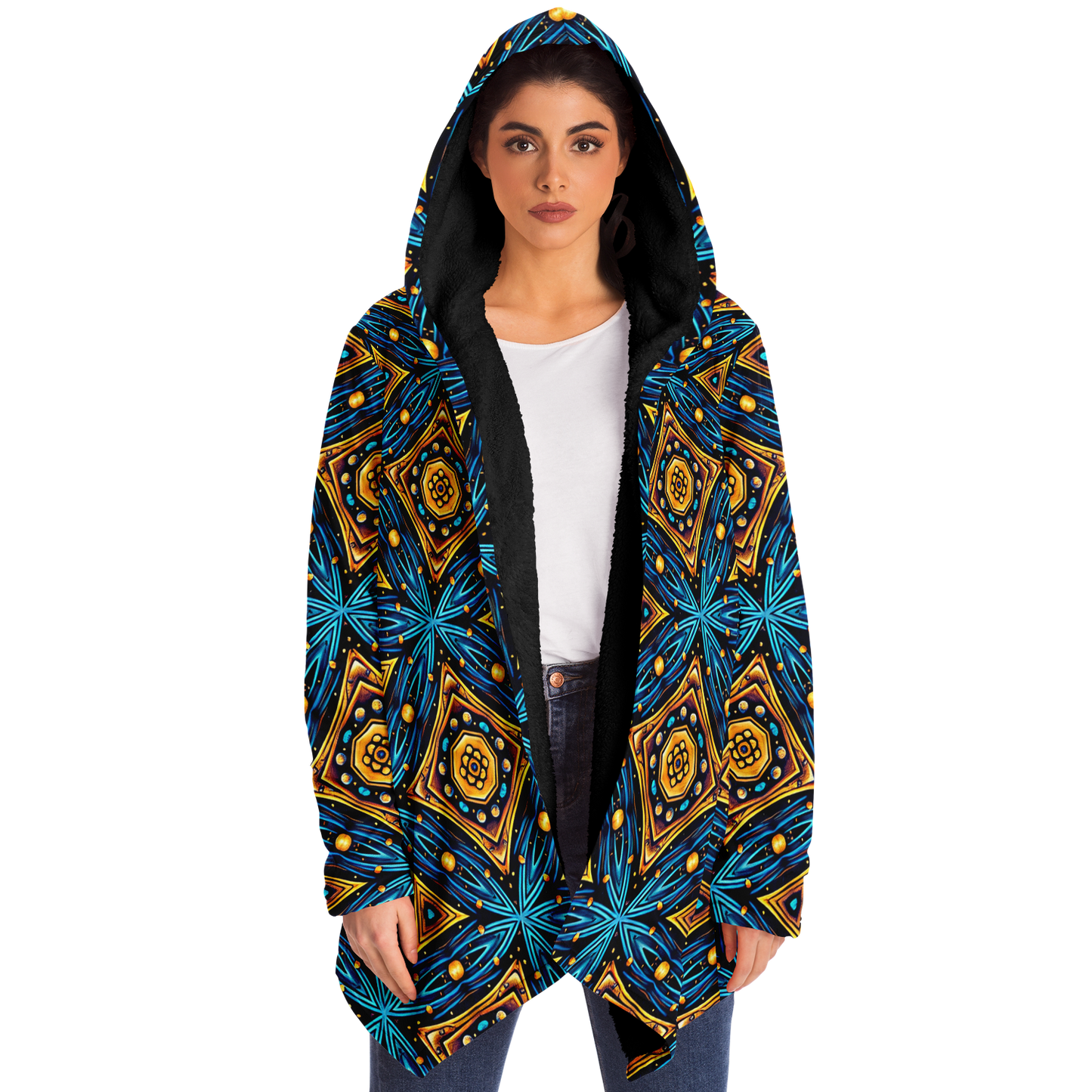 Women's Blue & Gold Geometric Pattern All Over Print Microfleece Cloak