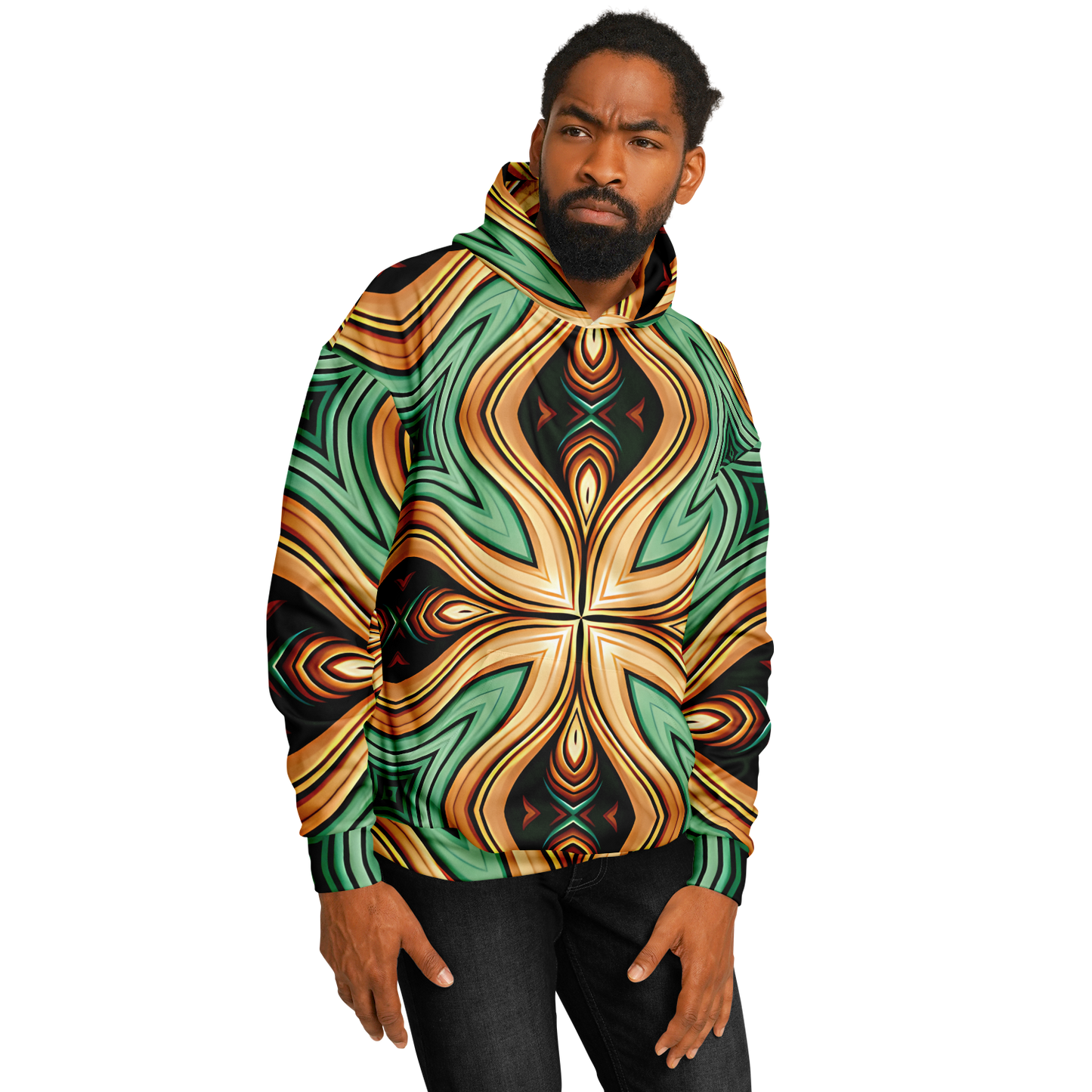 Men's  Green & Gold Retro Kaleidoscope Pattern Heavyweight Oversized Hoodie
